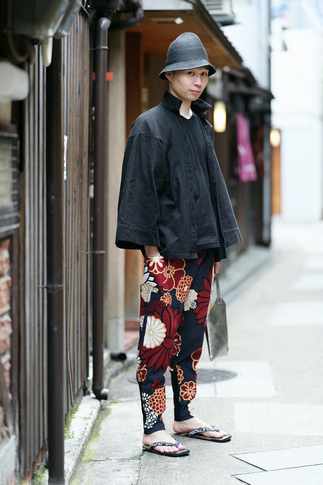 高島縮棉 40/40短袖上衣/黑色