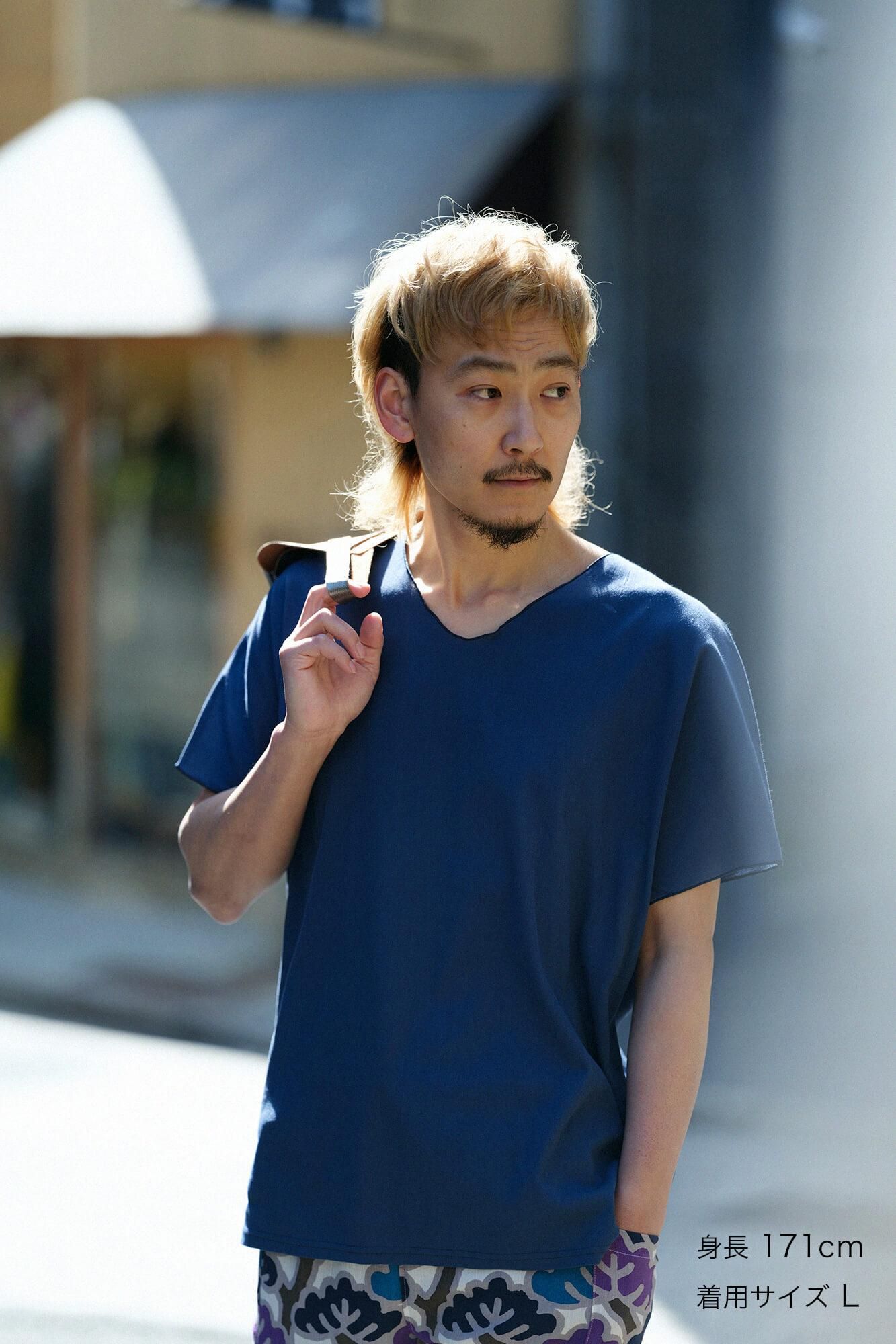 高島縮棉 40/40 短袖上衣/灰藍色