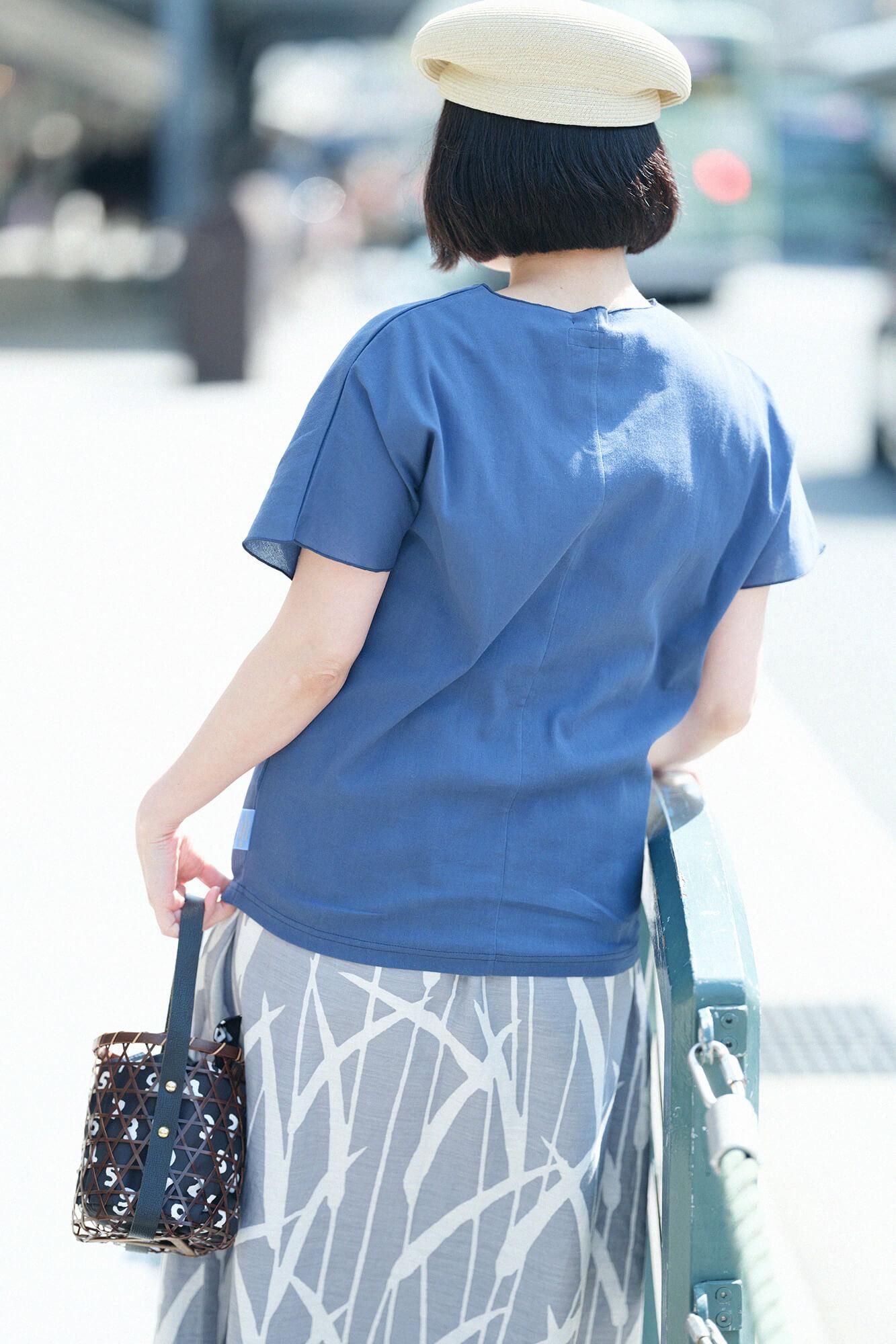 高島縮棉 40/40 短袖上衣/灰藍色