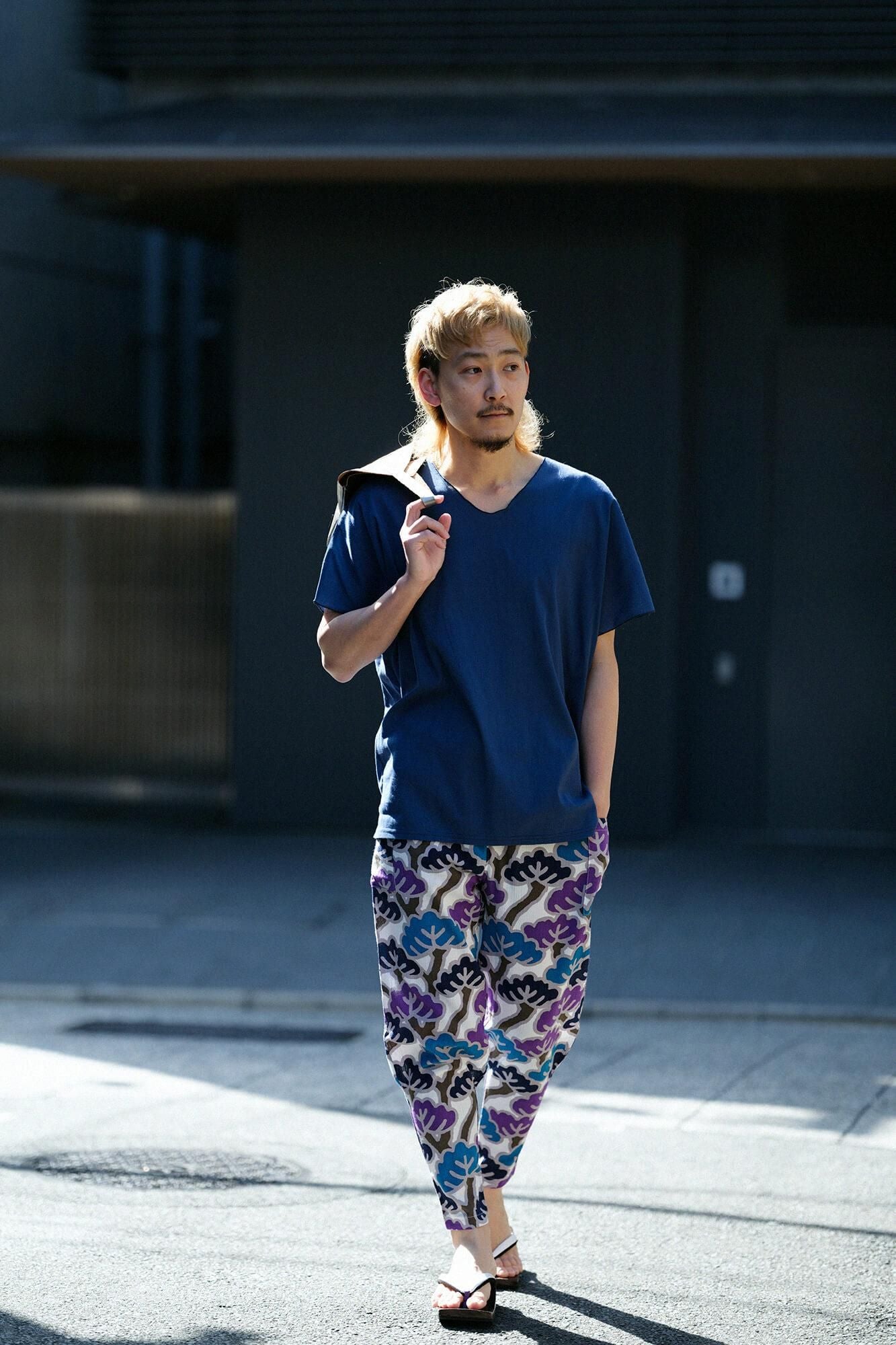 高島縮棉 40/40 短袖上衣/灰藍色