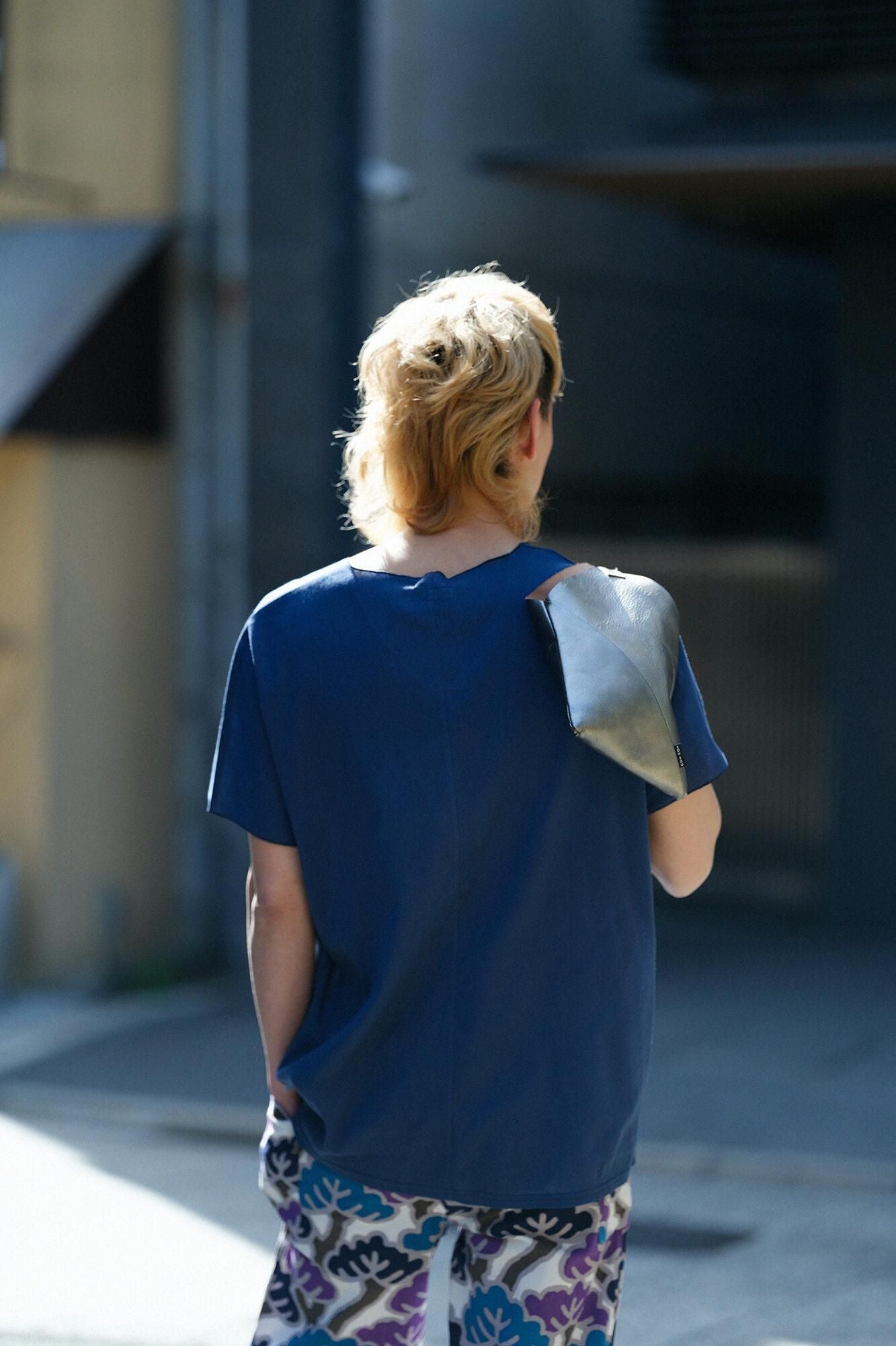 高島縮棉 40/40 短袖上衣/灰藍色