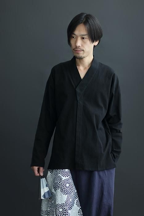 高島縮棉 20/20 筒形袖襯衫/黑色