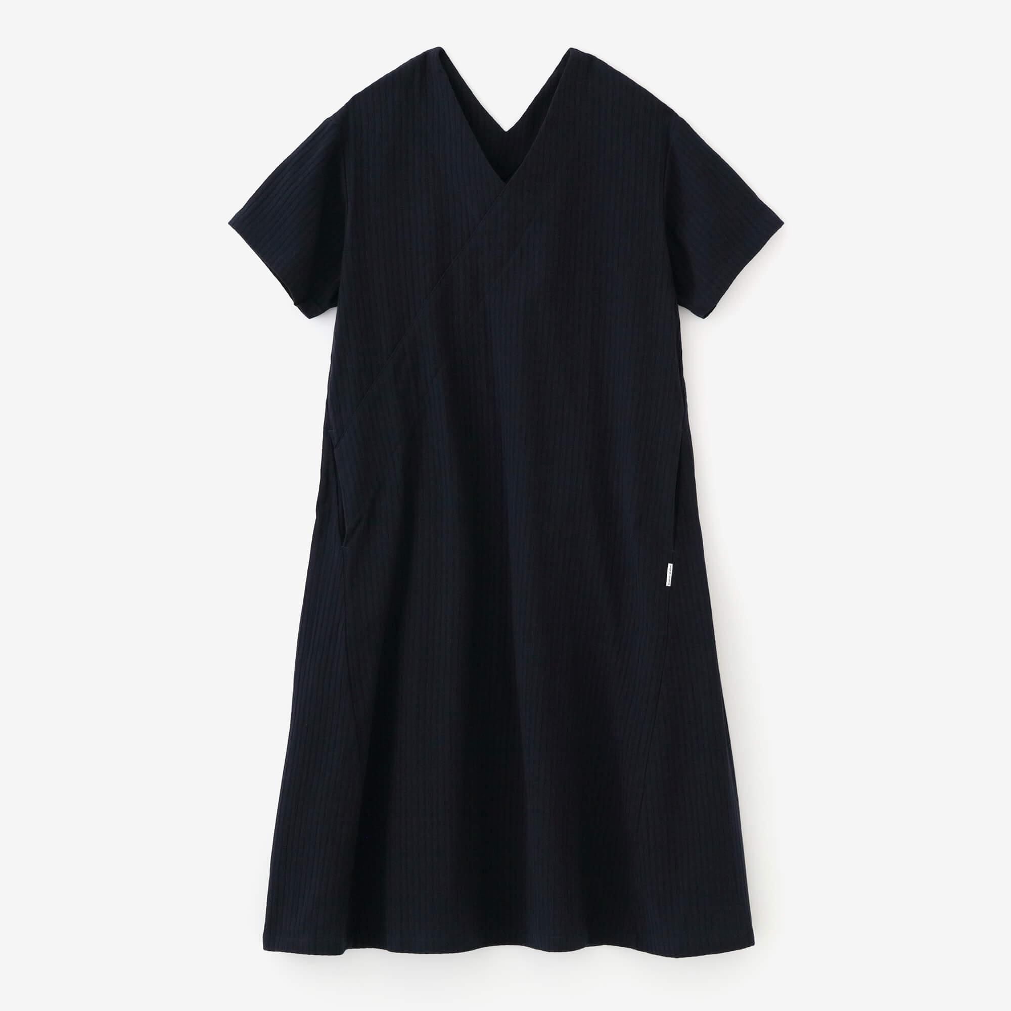 Chizimi Cotton 40/20 Akiha V-neck Short Sleeve Dress / Dark Blue