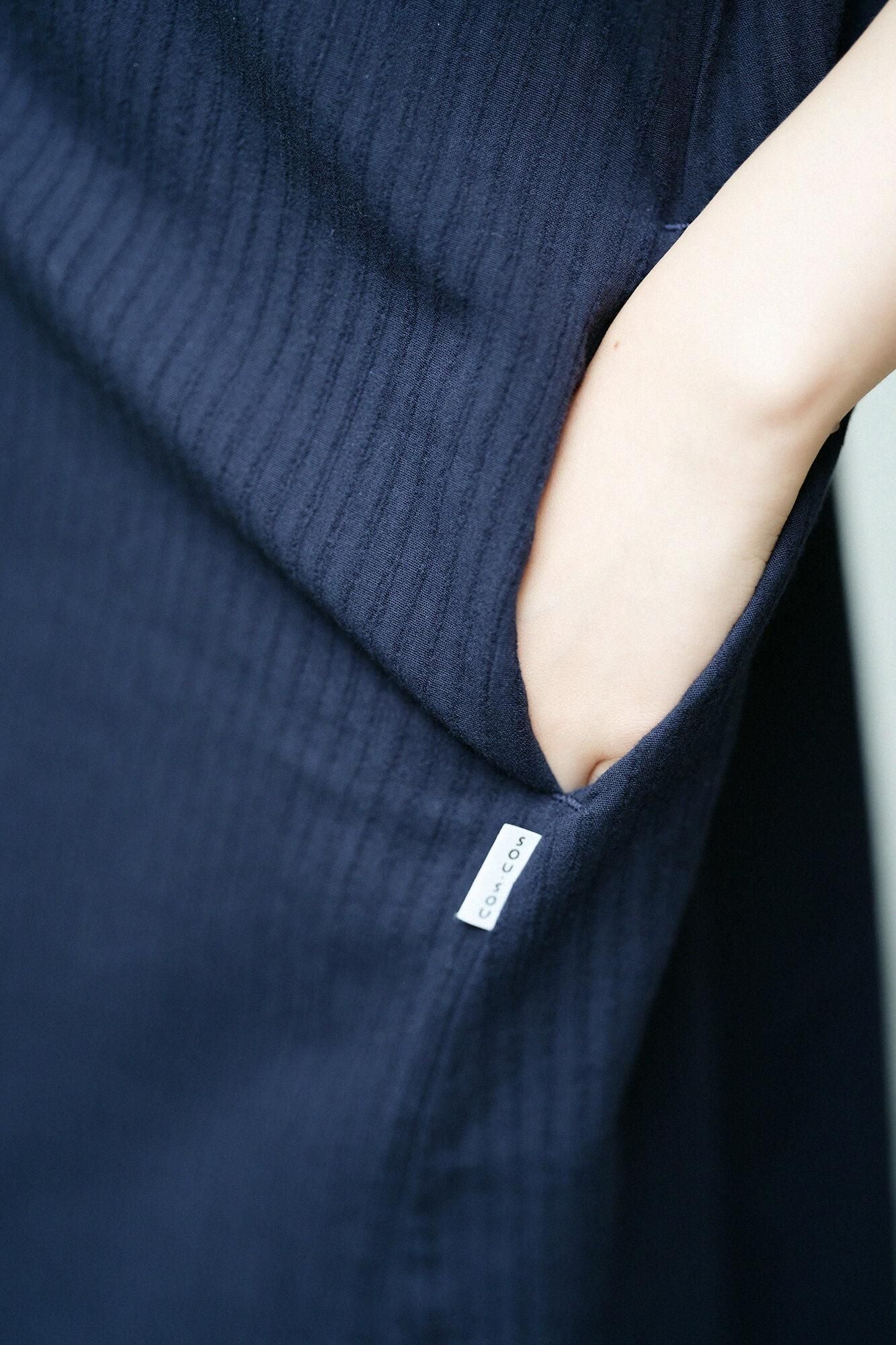 Chizimi Cotton 40/20 Akiha V-neck Short Sleeve Dress / Dark Blue