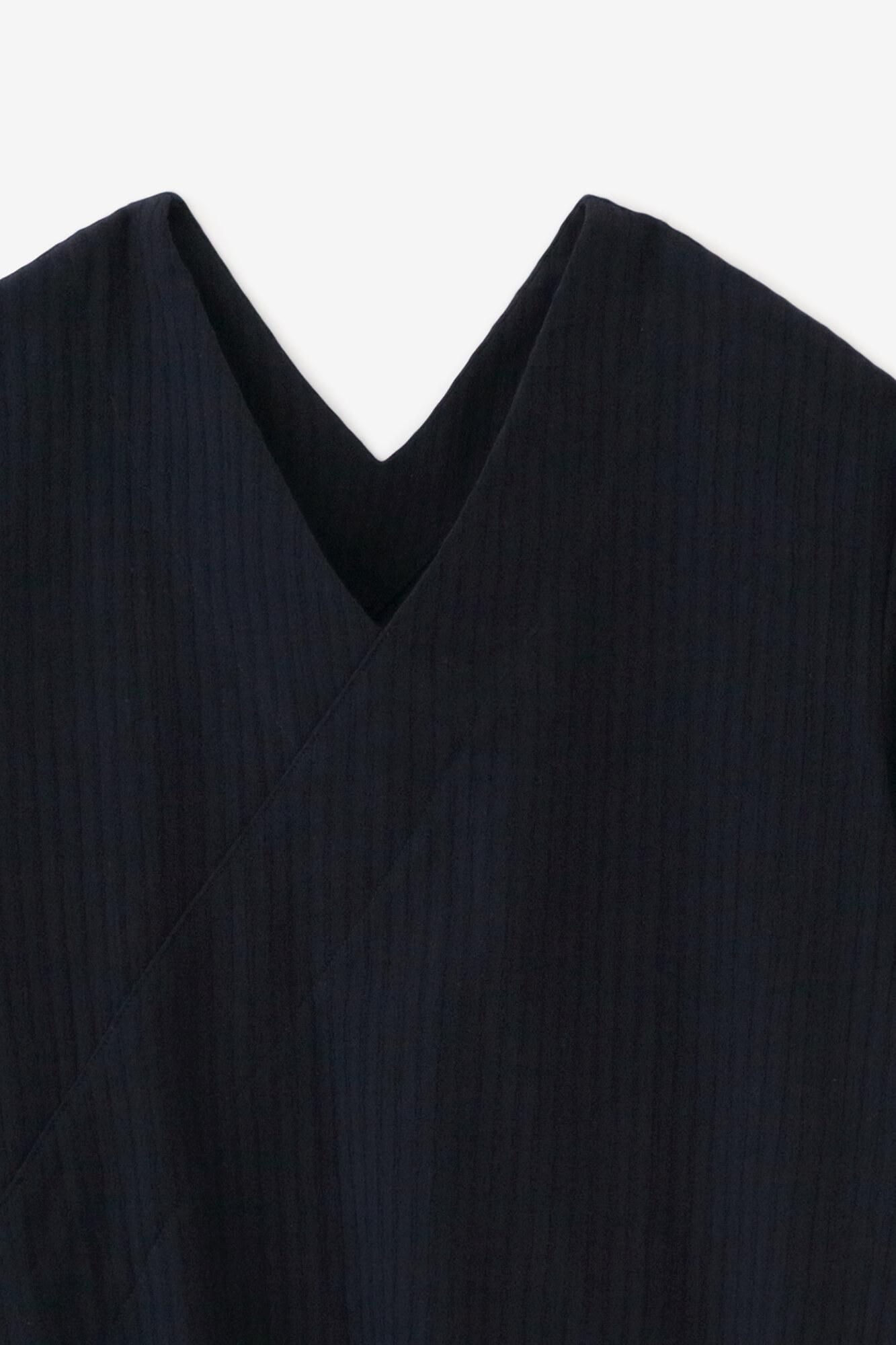 Chizimi Cotton 40/20 Akiha V-neck Short Sleeve Dress / Dark Blue