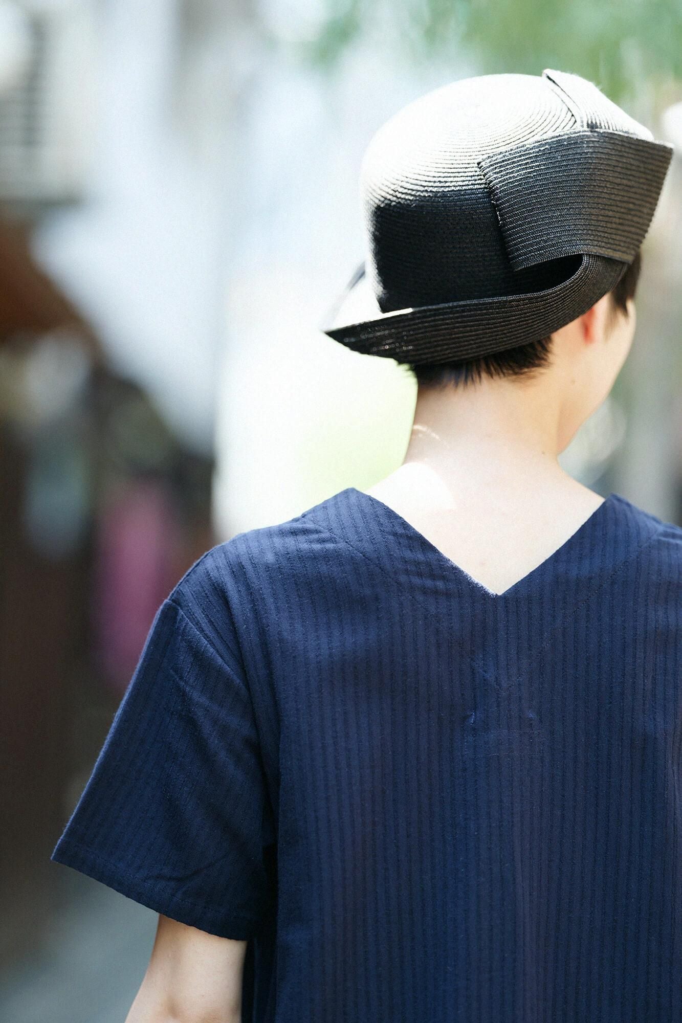 Chizimi Cotton 40/20 Akiha V-neck Short Sleeve Dress / Dark Blue