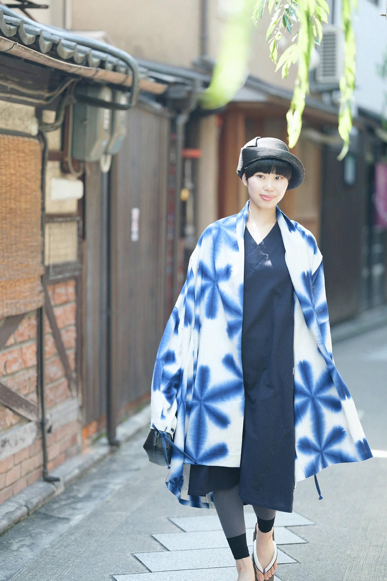 Chizimi Cotton 40/20 Akiha V-neck Short Sleeve Dress / Dark Blue