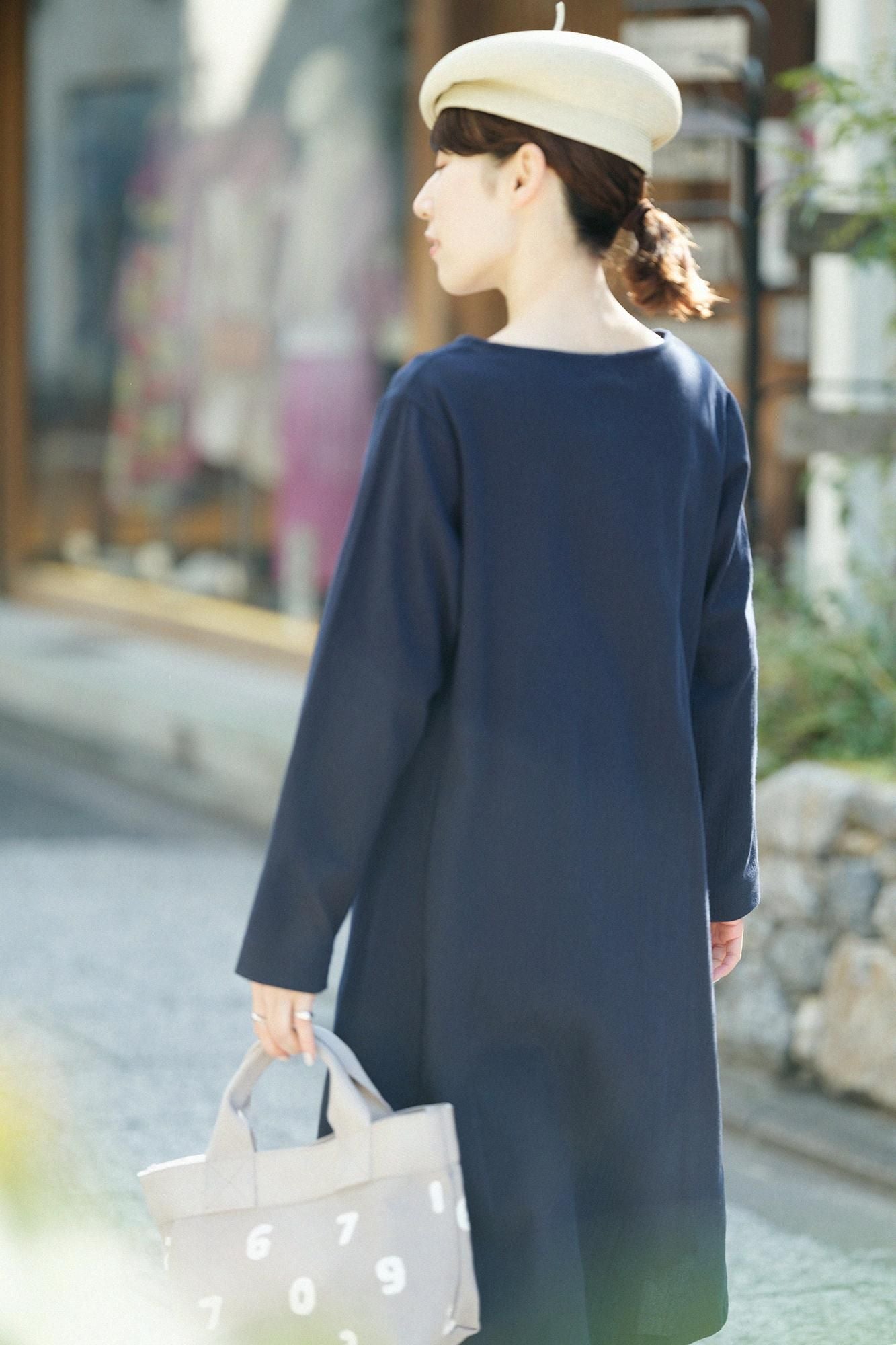 Chizimi Cotton 20/20 Long-sleeved Dress / Dark Blue