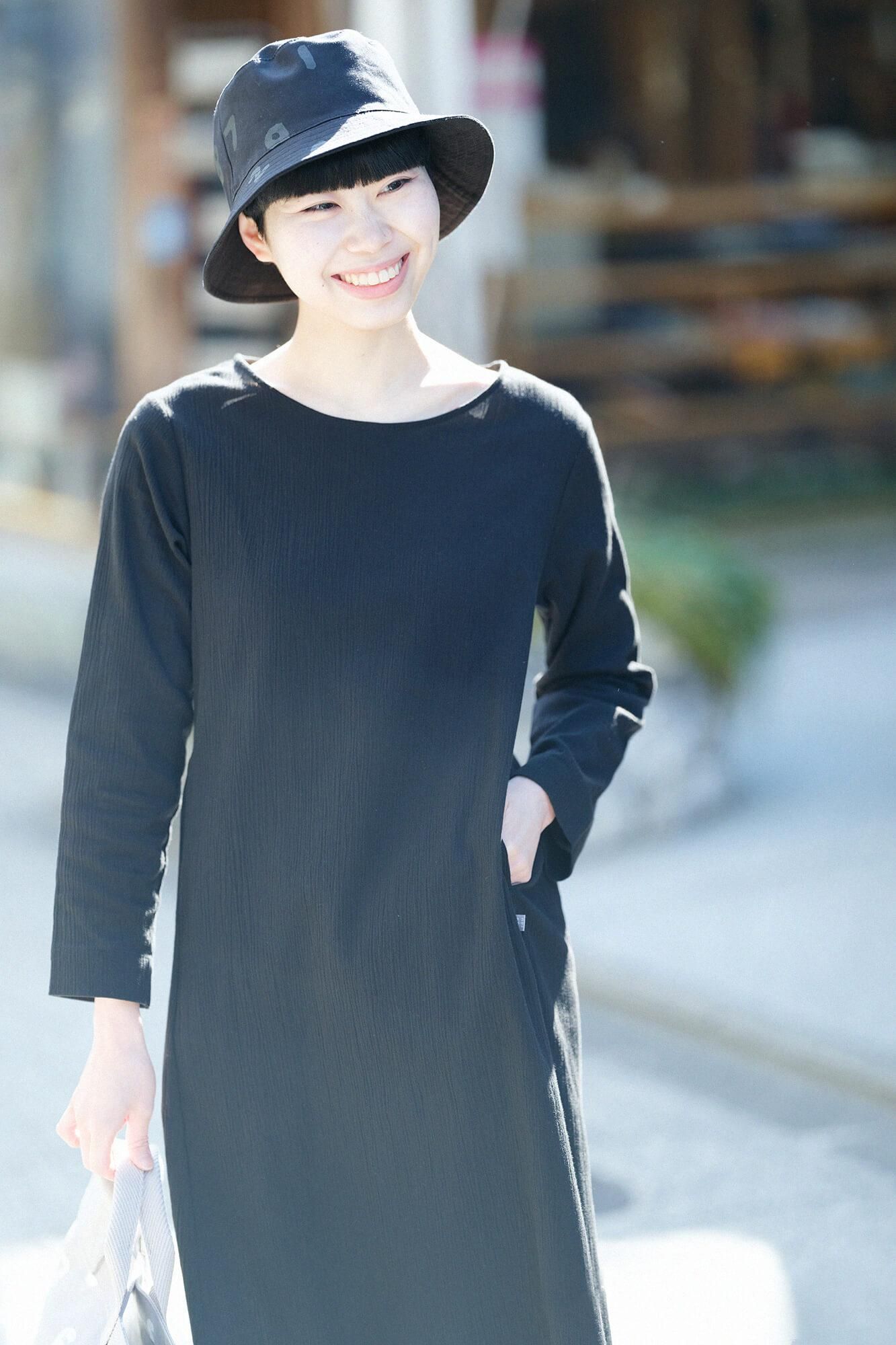 高島縮棉 20/20長袖連身裙/黑色