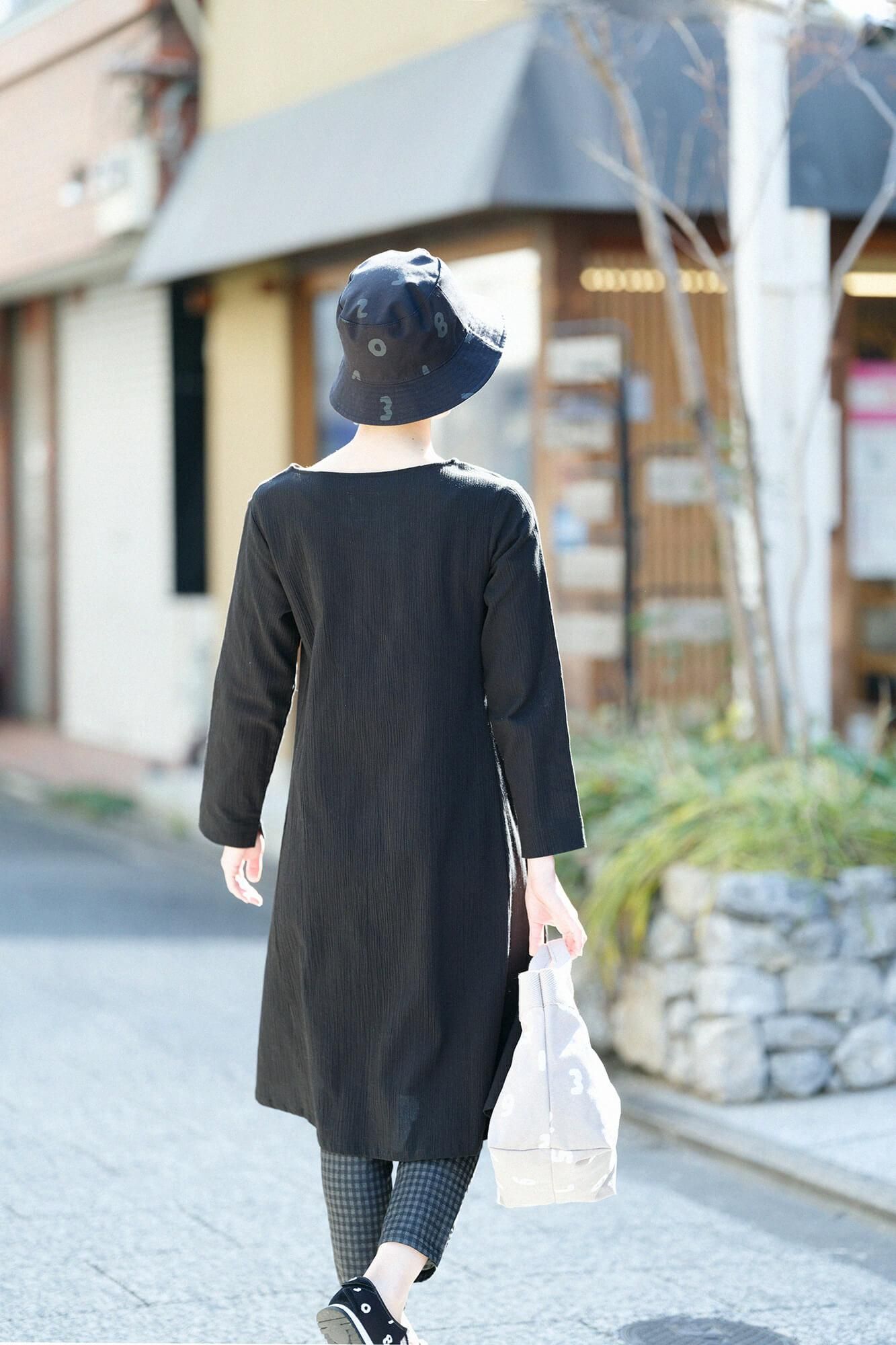 高島縮棉 20/20長袖連身裙/黑色