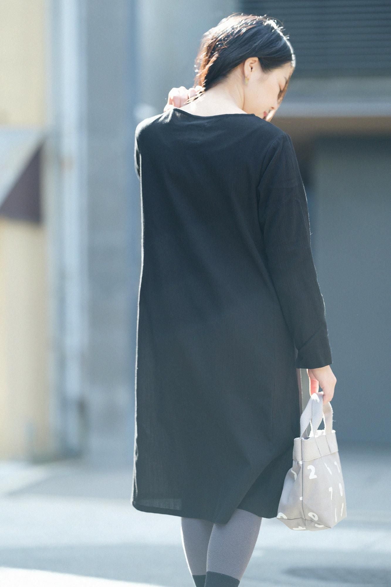 高島縮棉 20/20長袖連身裙/黑色