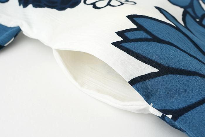 高島縮棉 20/20 藍捺染 圓弧袖長方形洋裝/金襴緞子