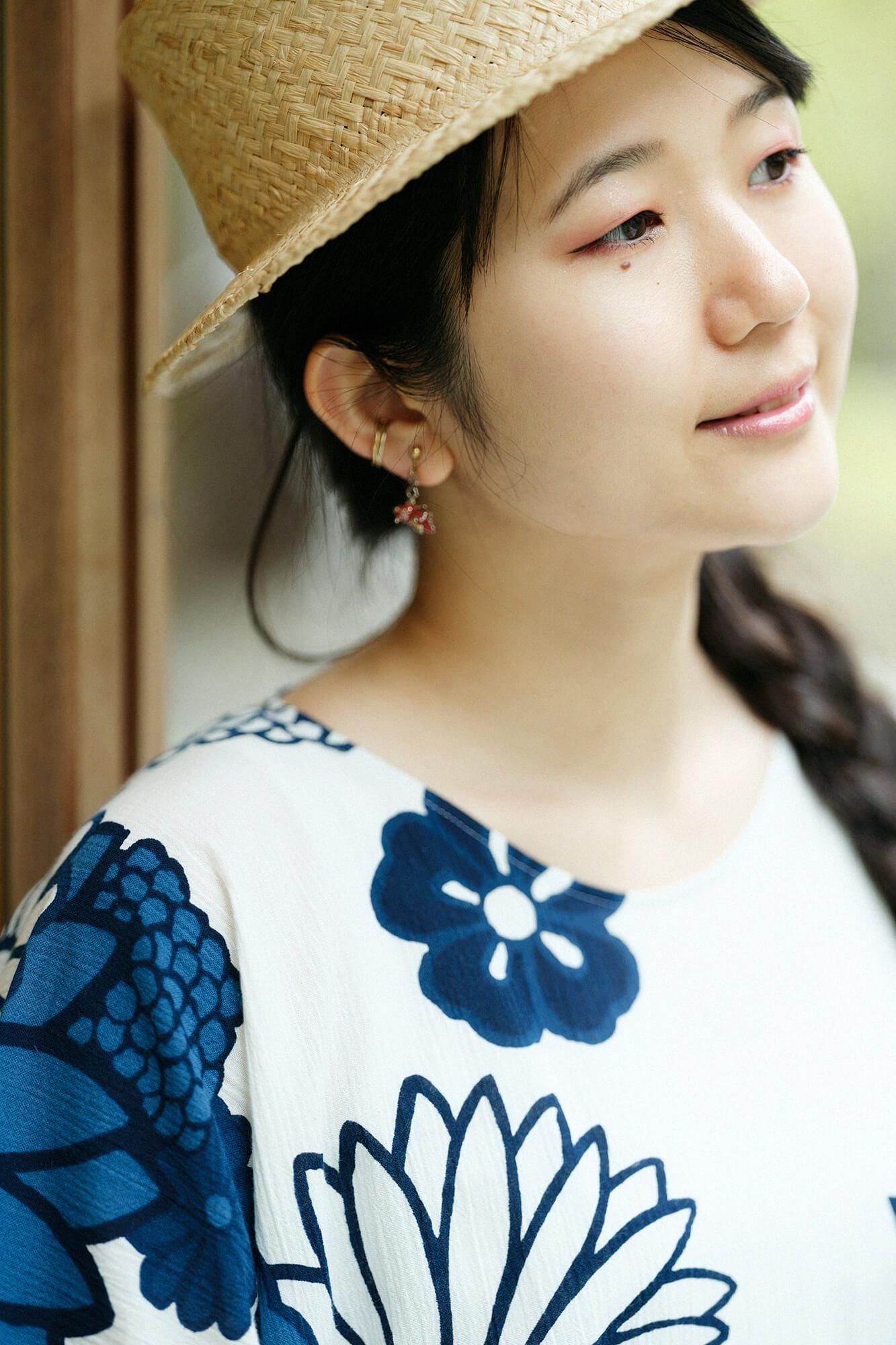 高島縮棉 20/20 藍捺染 圓弧袖長方形洋裝/金襴緞子