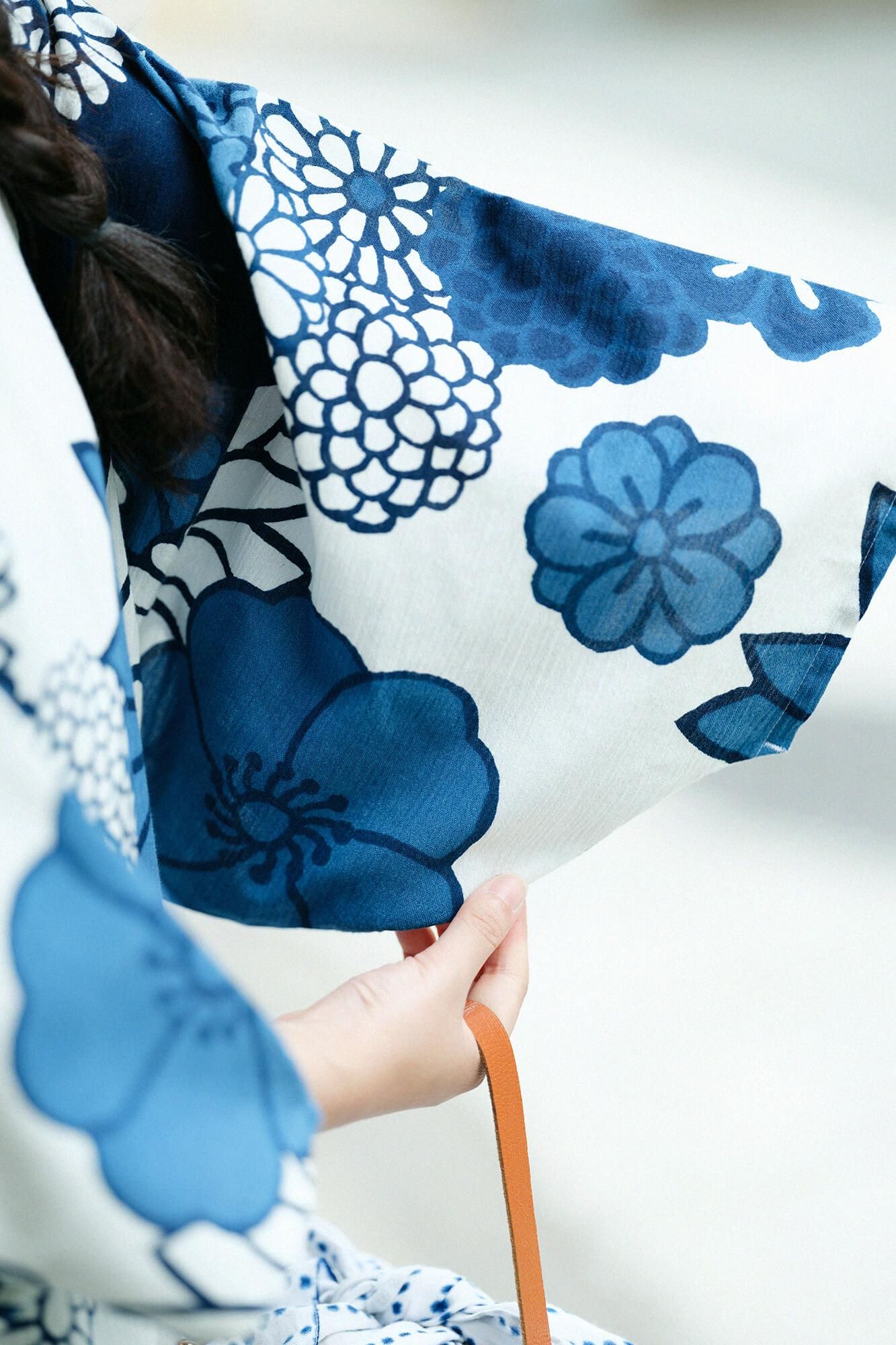 高島縮棉 20/20 藍捺染 圓弧袖長方形洋裝/金襴緞子