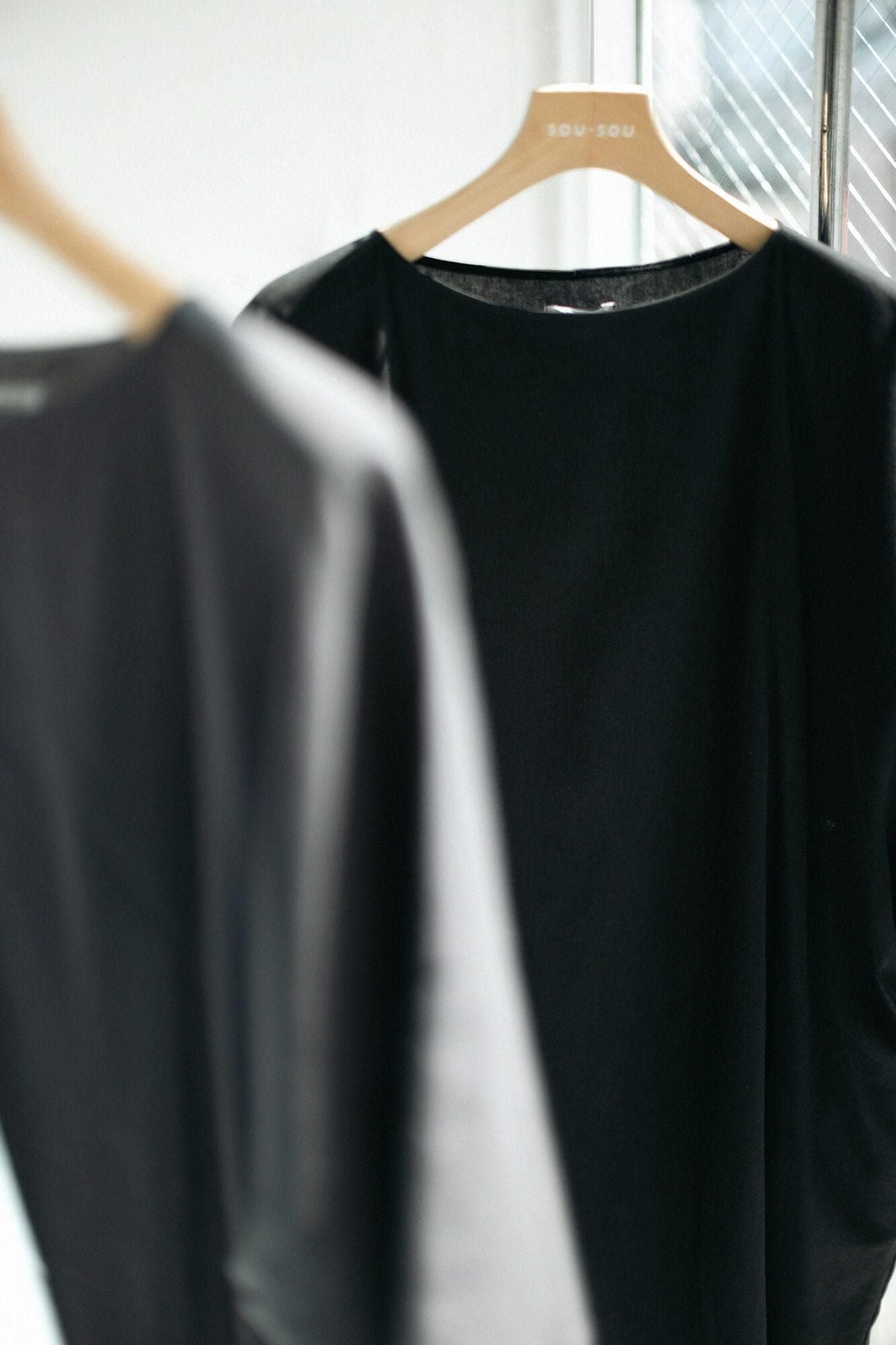 高島縮棉40/40 寬袖船領 長版上衣/黑色