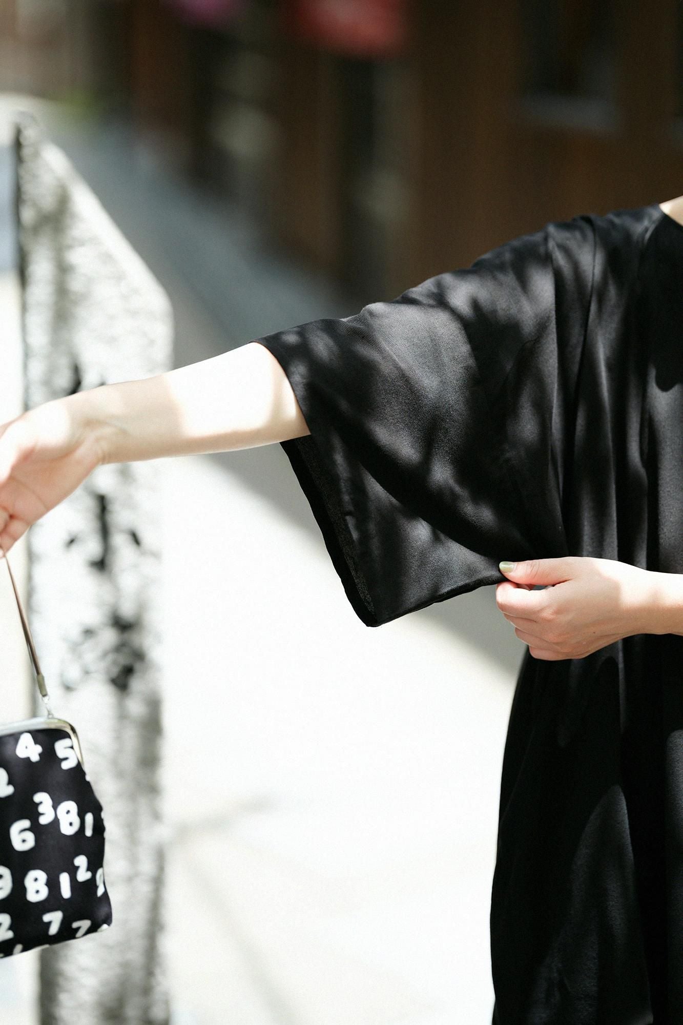 高島縮棉40/40 寬袖船領 長版上衣/黑色