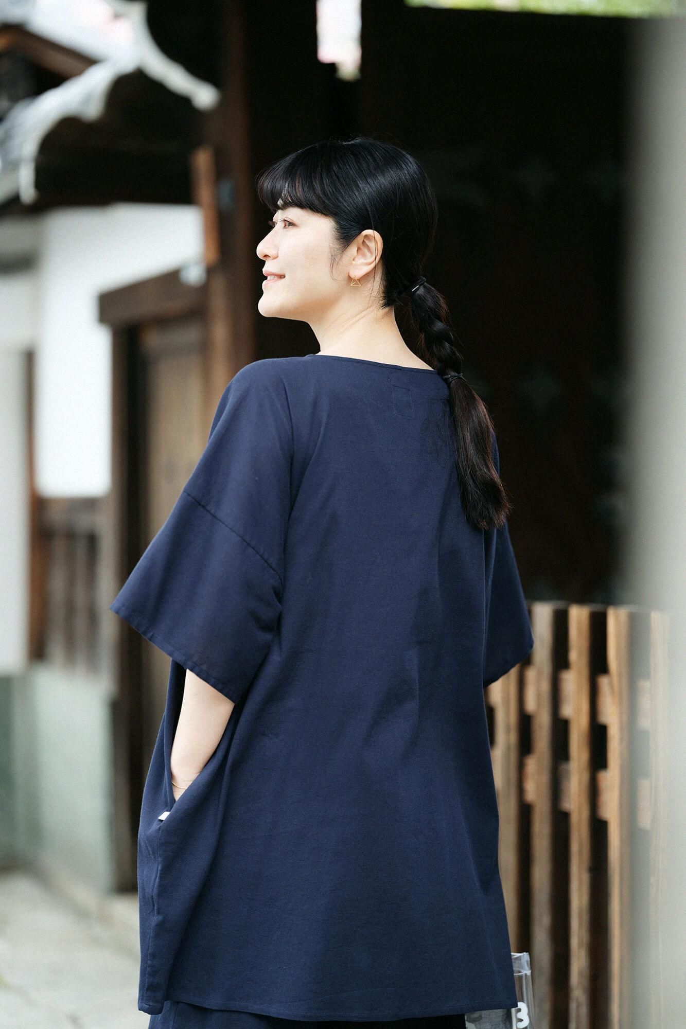 高島縮棉 40/40 寬袖船領 長版上衣/藍黑色