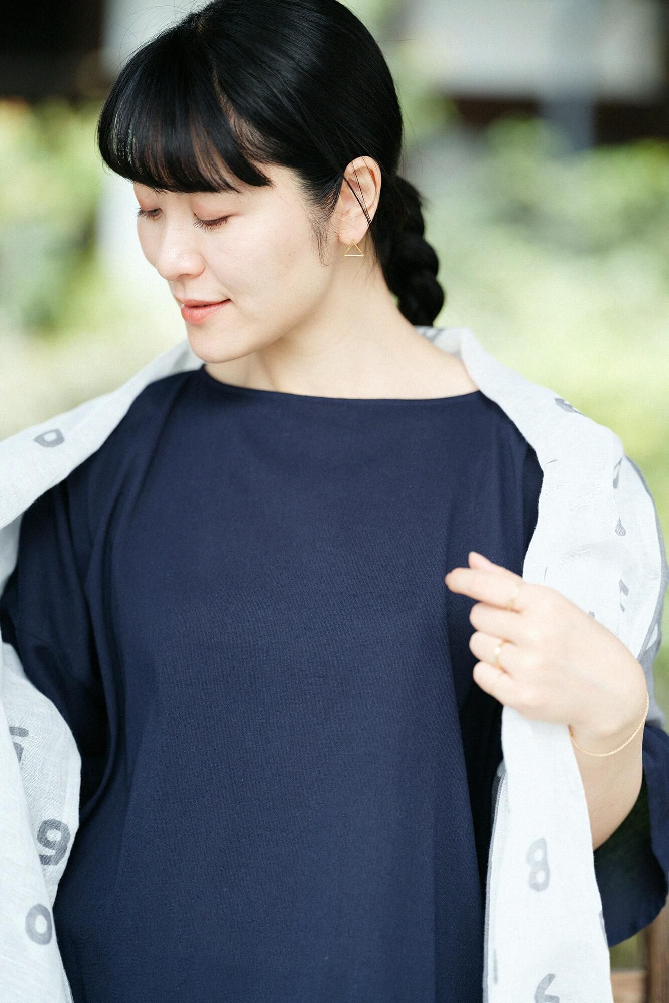 高島縮棉 40/40 寬袖船領 長版上衣/藍黑色