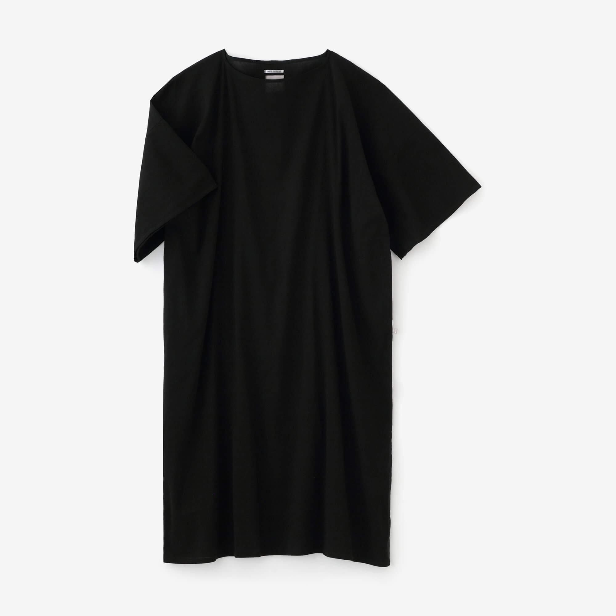 高島縮 40/40 平袖（ひらそで）ボートネックワンピース／濡羽色（ぬれ