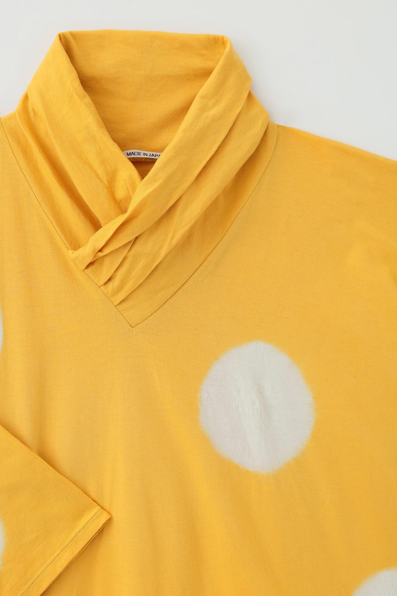 田端紮染 高領圓弧袖長方形洋裝/大圓點 淡黃色×乳白色