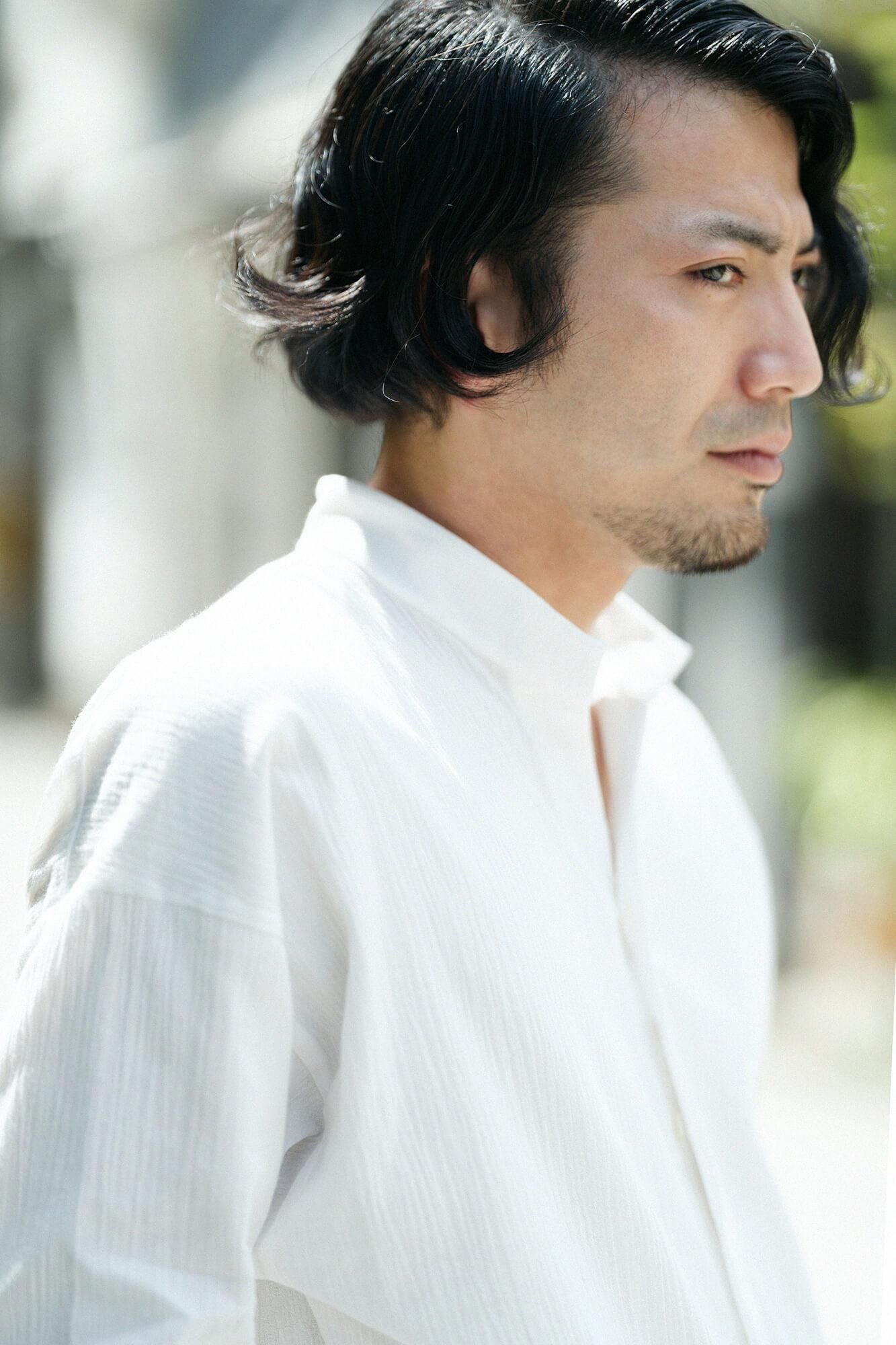 高島縮棉 20/20立領筒形袖襯衫/白色