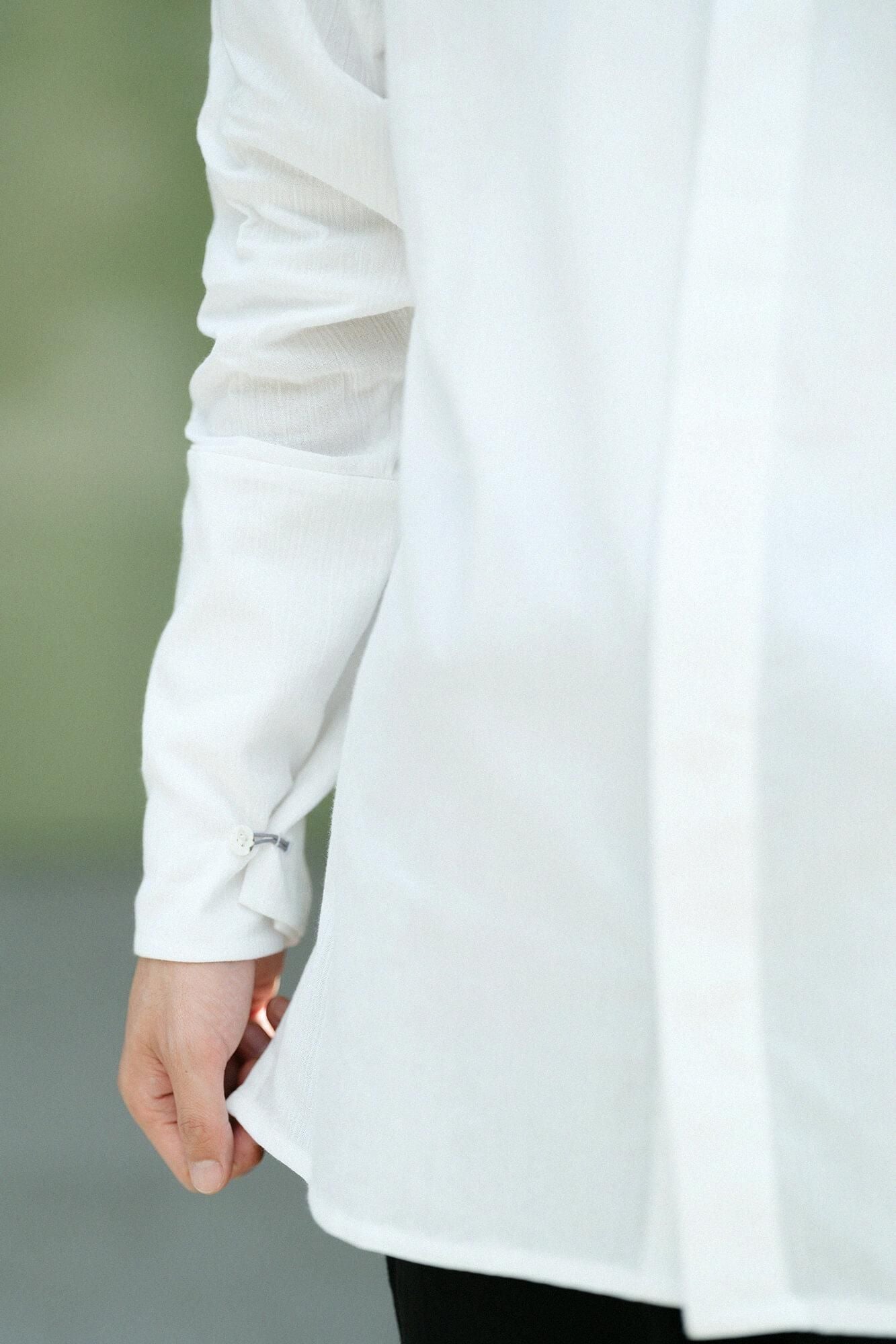 高島縮棉 20/20立領筒形袖襯衫/白色