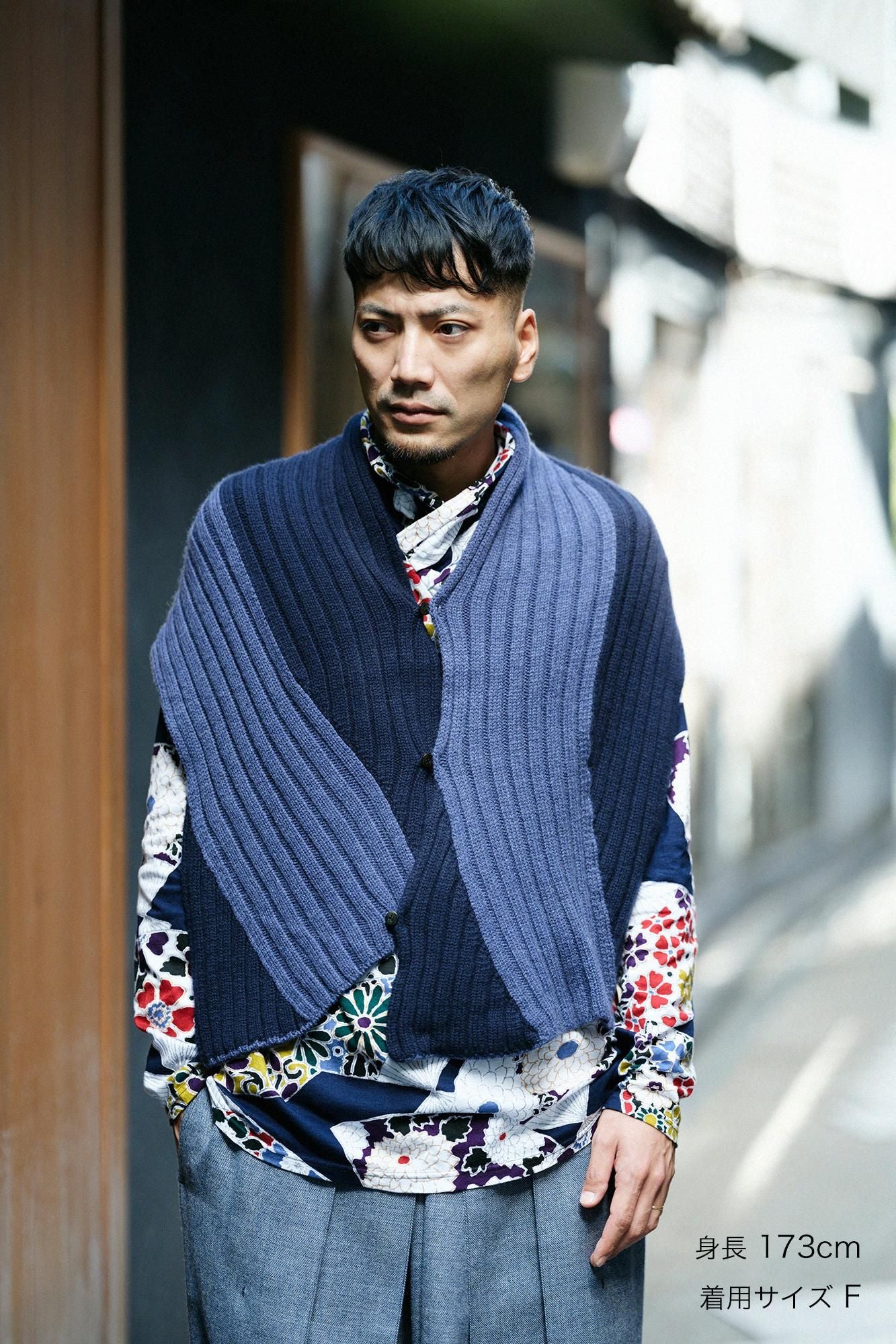 SOU・SOU×ALPHA 羊絨 枯山水圍巾/藍色×暗藍色