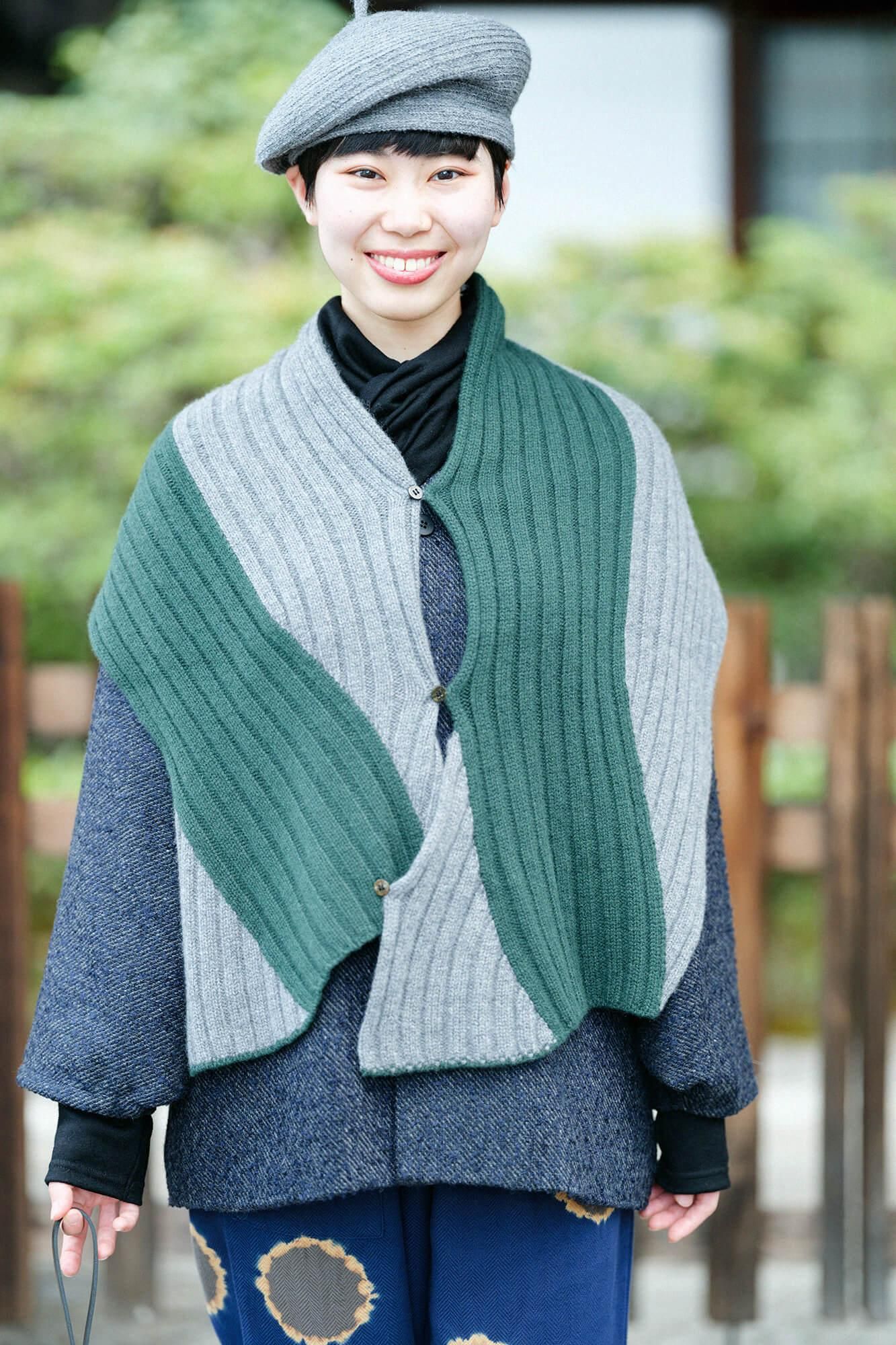 SOU・SOU×ALPHA 羊絨 枯山水圍巾/深綠色×墨黑色