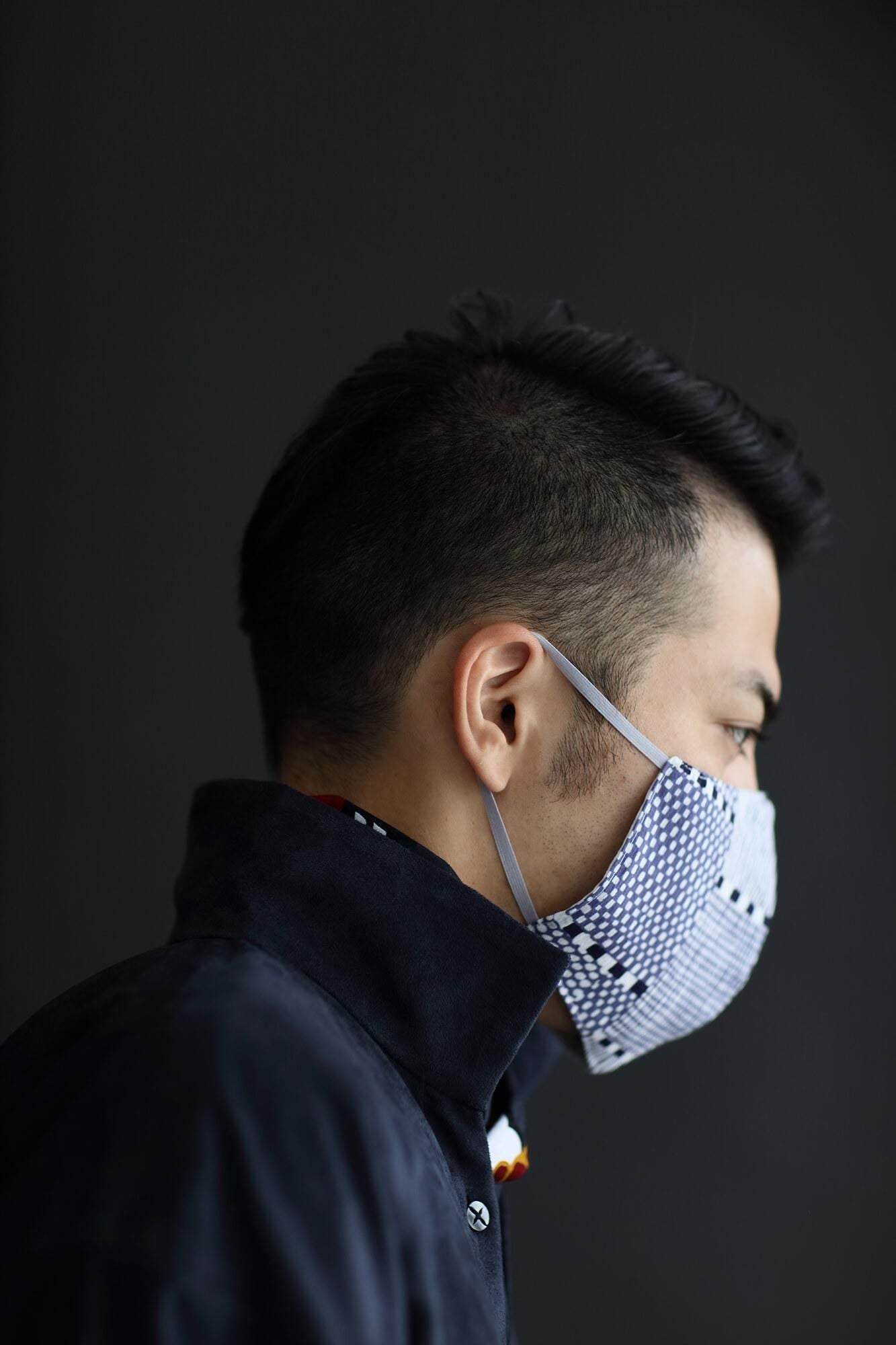 ◎【30%OFF】Chizimi Cotton Cotton Mask / Lines and Dots 2 Greyish Blue