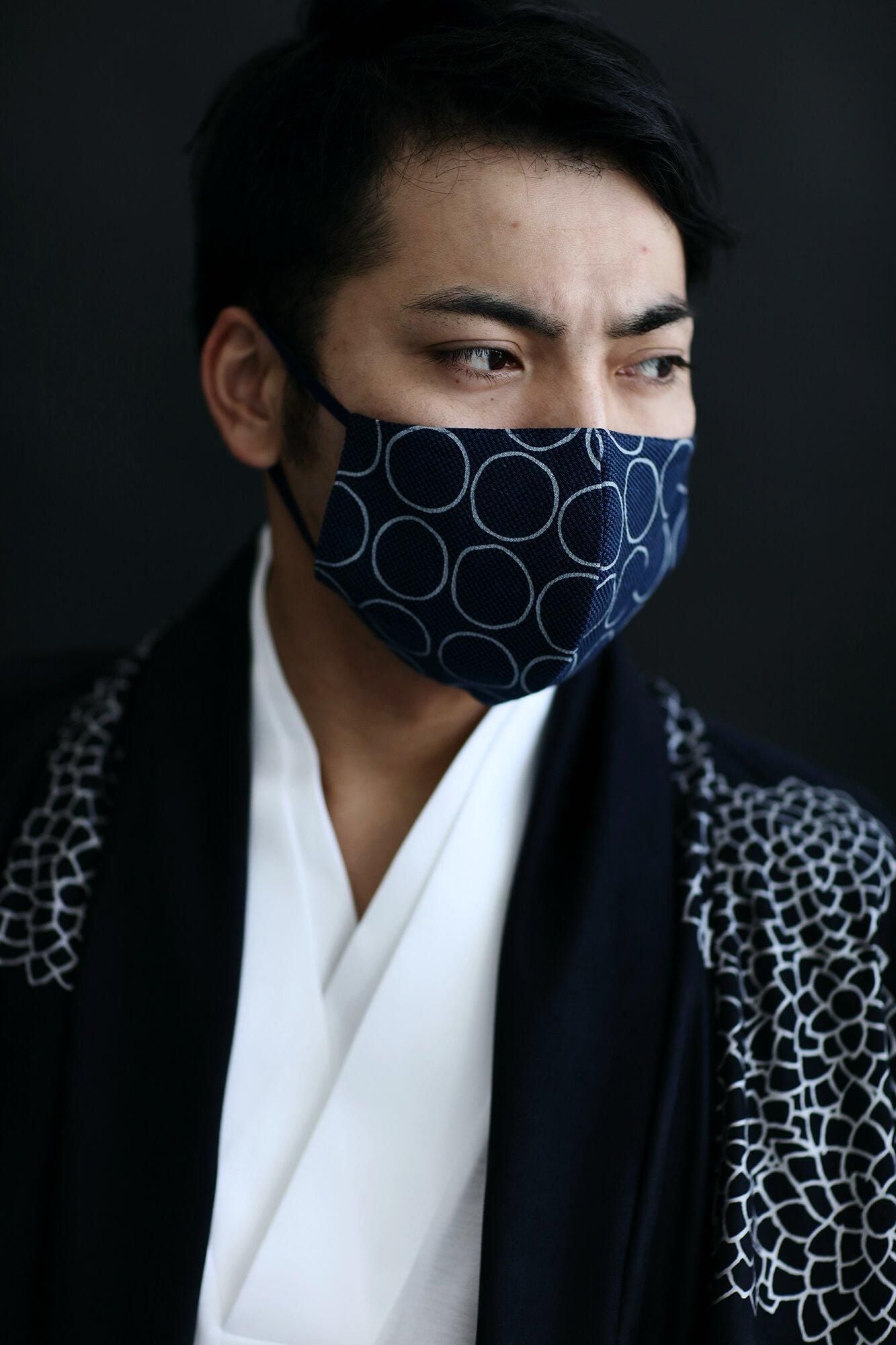 ◎【30%OFF】棉麻紡×高島縮棉 圖案紋樣布口罩/排圈圈 深藍色×灰色