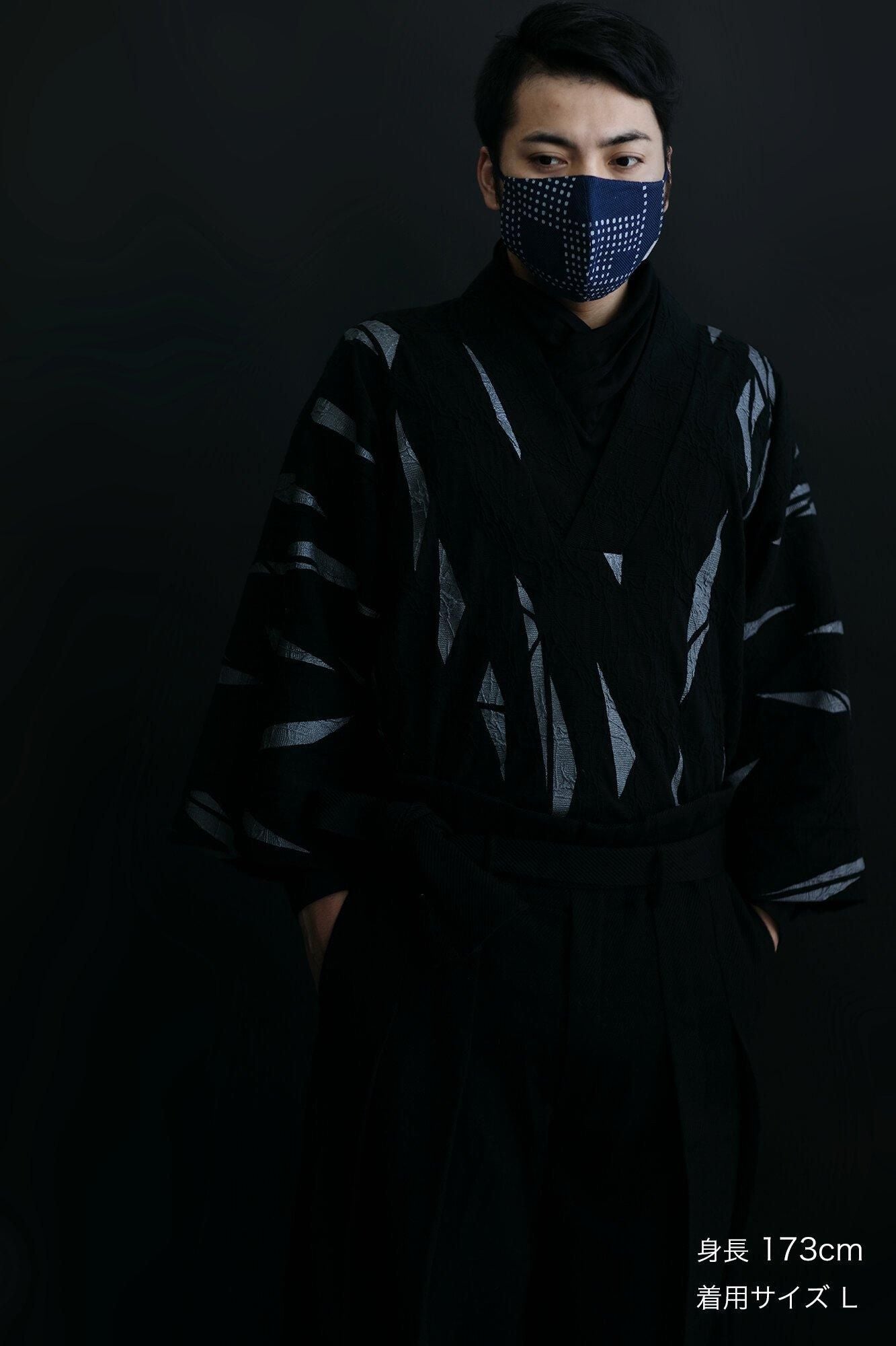 ◎【30%OFF】棉麻紡×高島縮棉 圖案紋樣布口罩/影 深藍色×灰色