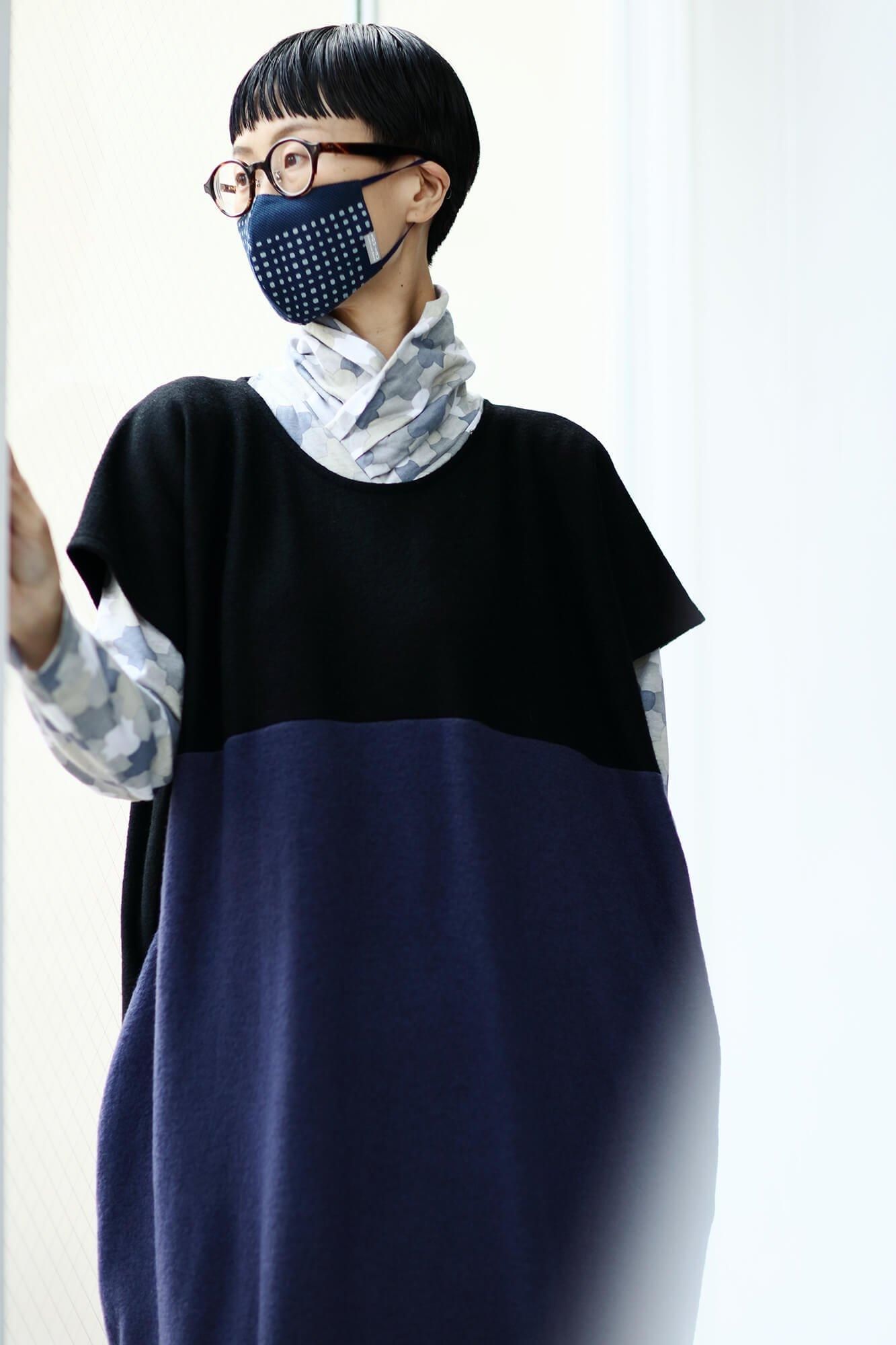 ◎【30%OFF】棉麻紡×高島縮棉 圖案紋樣布口罩/影 深藍色×灰色