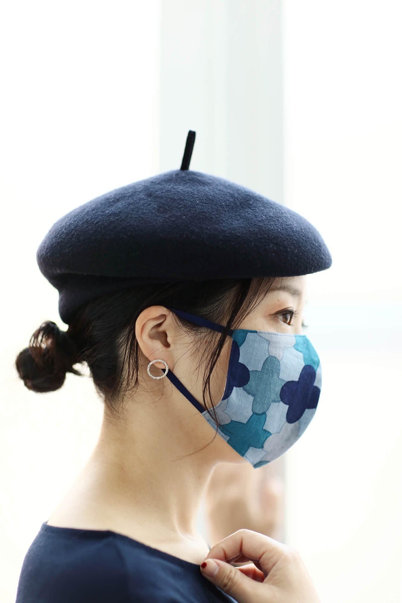 ◎【30%OFF】高島平織×高島縮棉 圖案紋樣布口罩/繩梯子 藍綠色