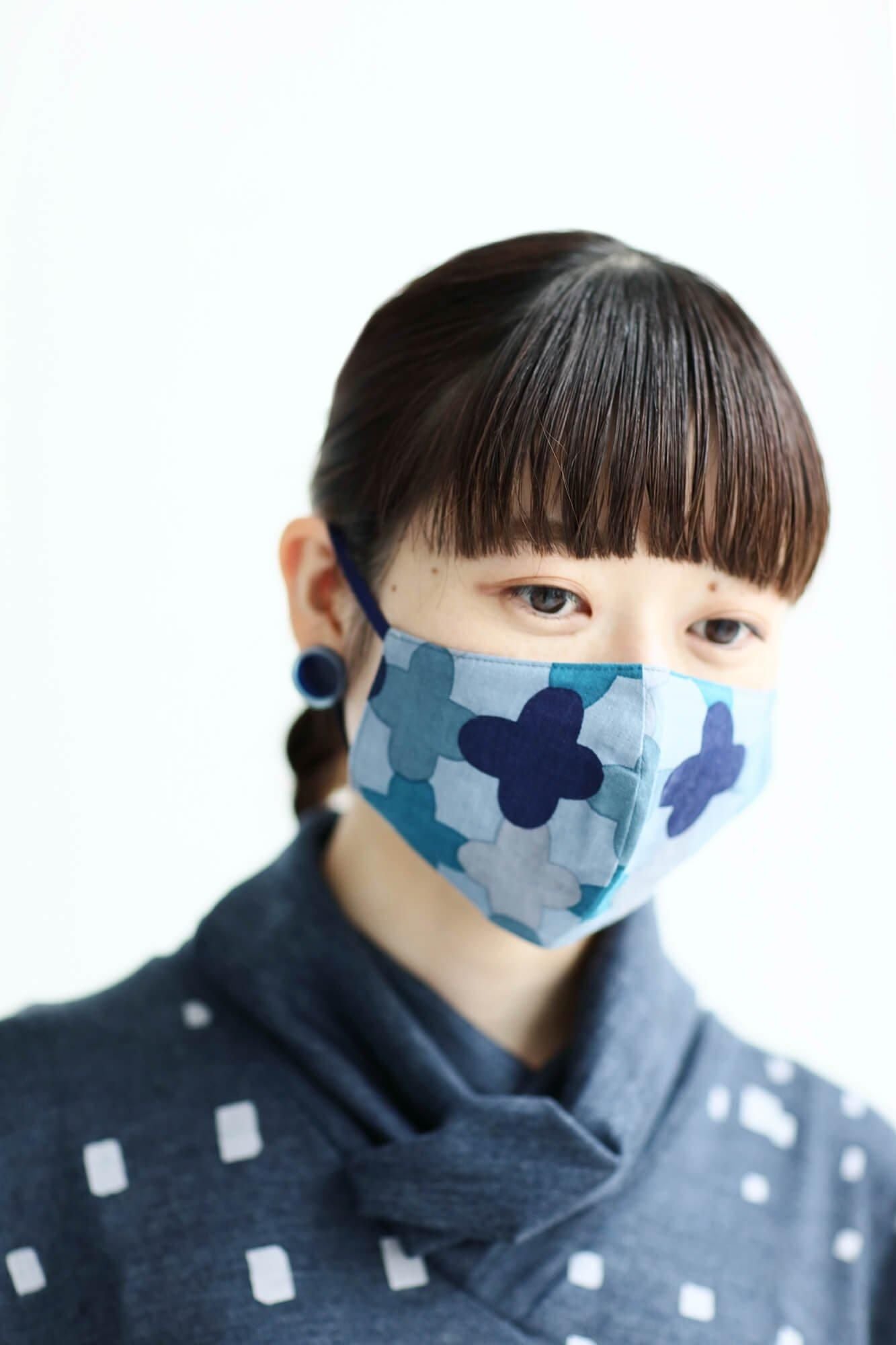 ◎【30%OFF】高島平織×高島縮棉 圖案紋樣布口罩/繩梯子 藍綠色