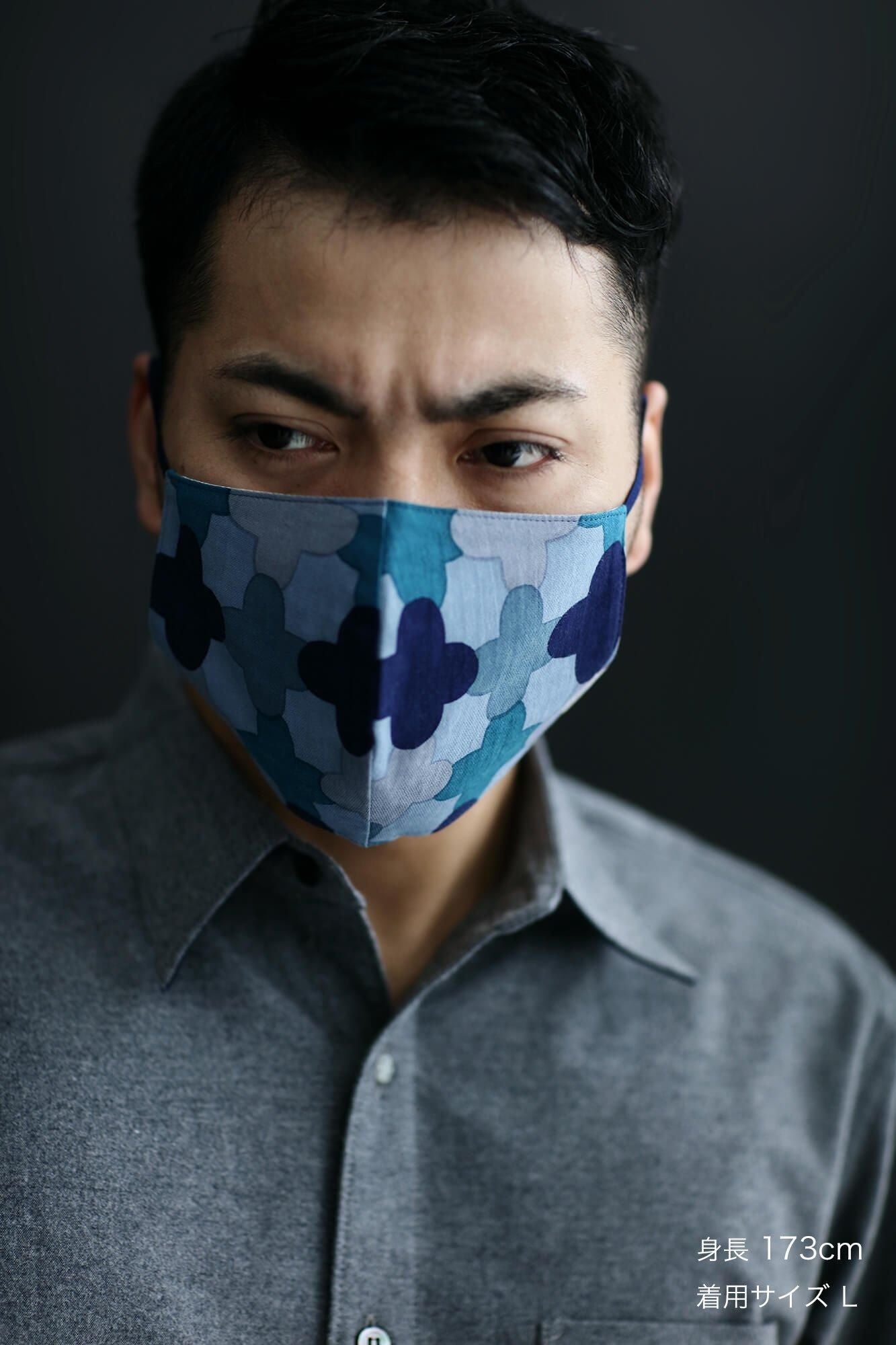 ◎【30%OFF】高島平織×高島縮棉 圖案紋樣布口罩/繩梯子 藍綠色