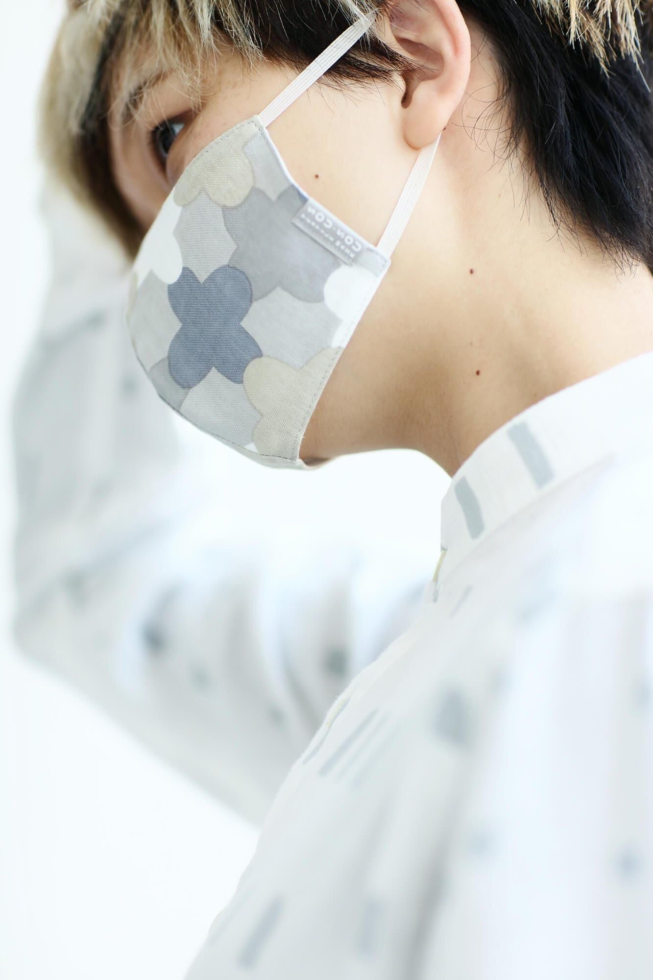 ◎【30%OFF】高島平織×高島縮棉 圖案紋樣布口罩/白茶色 繩梯子