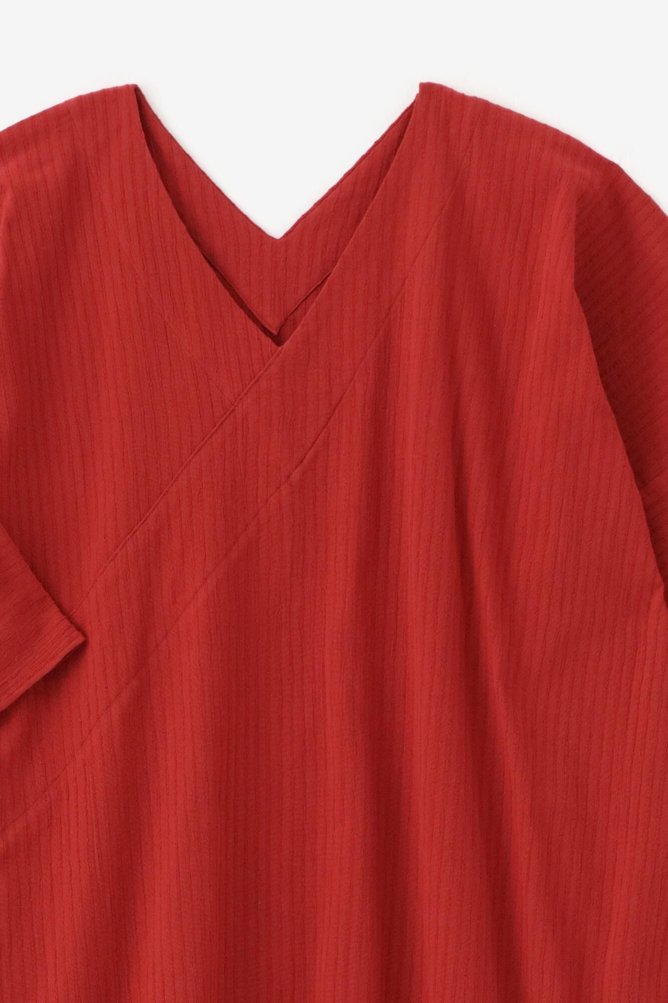 高島縮棉40/20 空羽 V領長方形洋裝 七分袖/胭脂紅