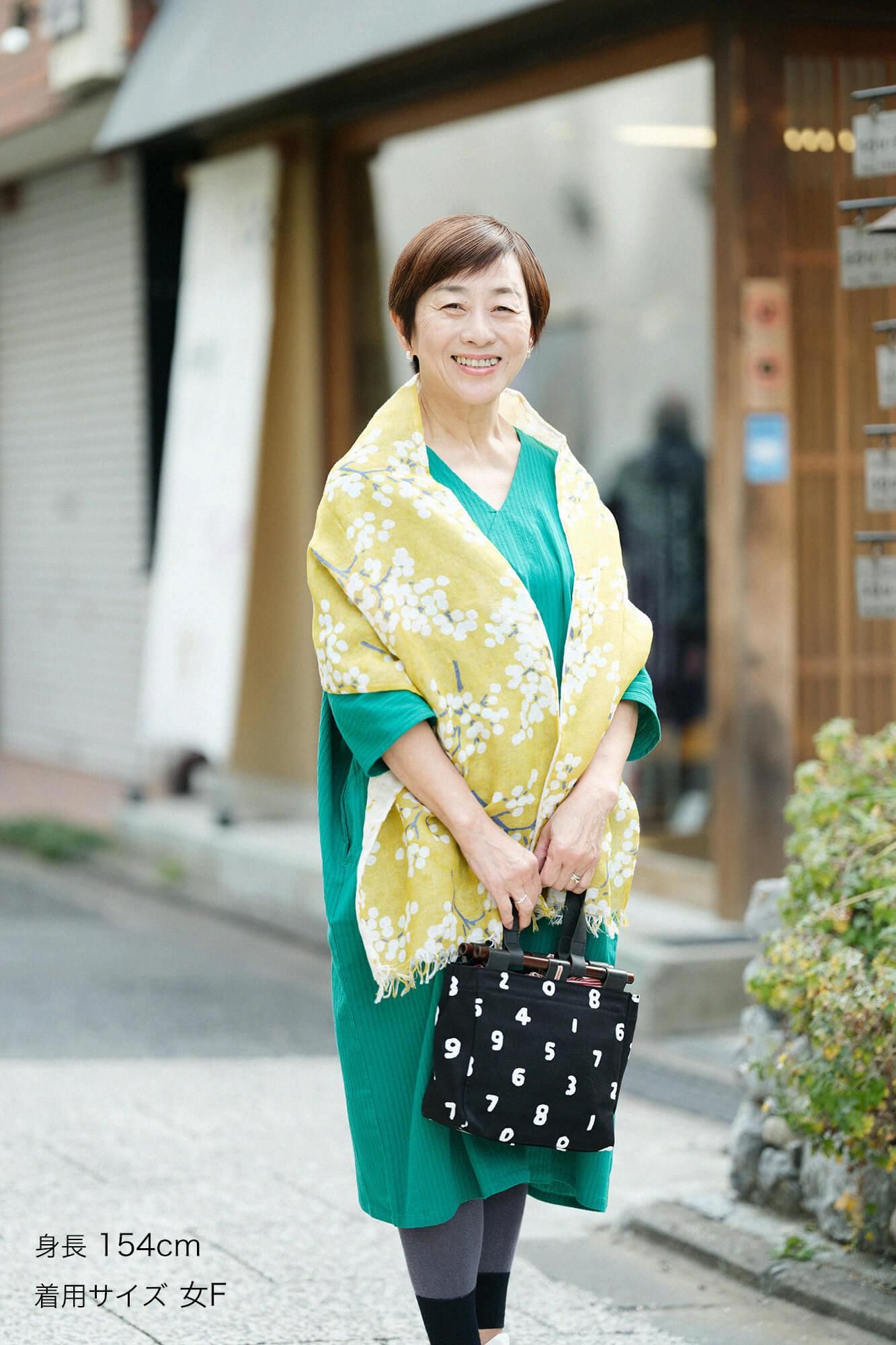 高島縮棉40/20 空羽 V領長方形洋裝 七分袖/常磐綠