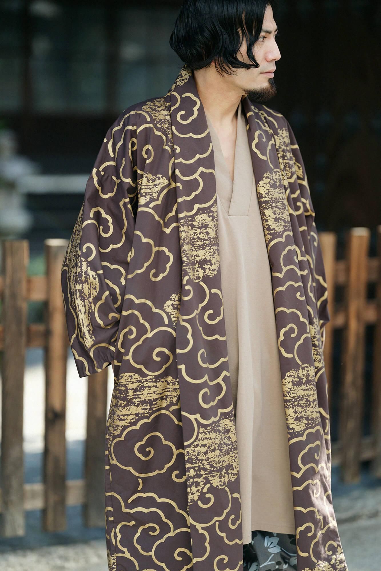 伸 橫紋平織布 梯形袖外套 中長 單層/鏤空雲龍 時代 棕色