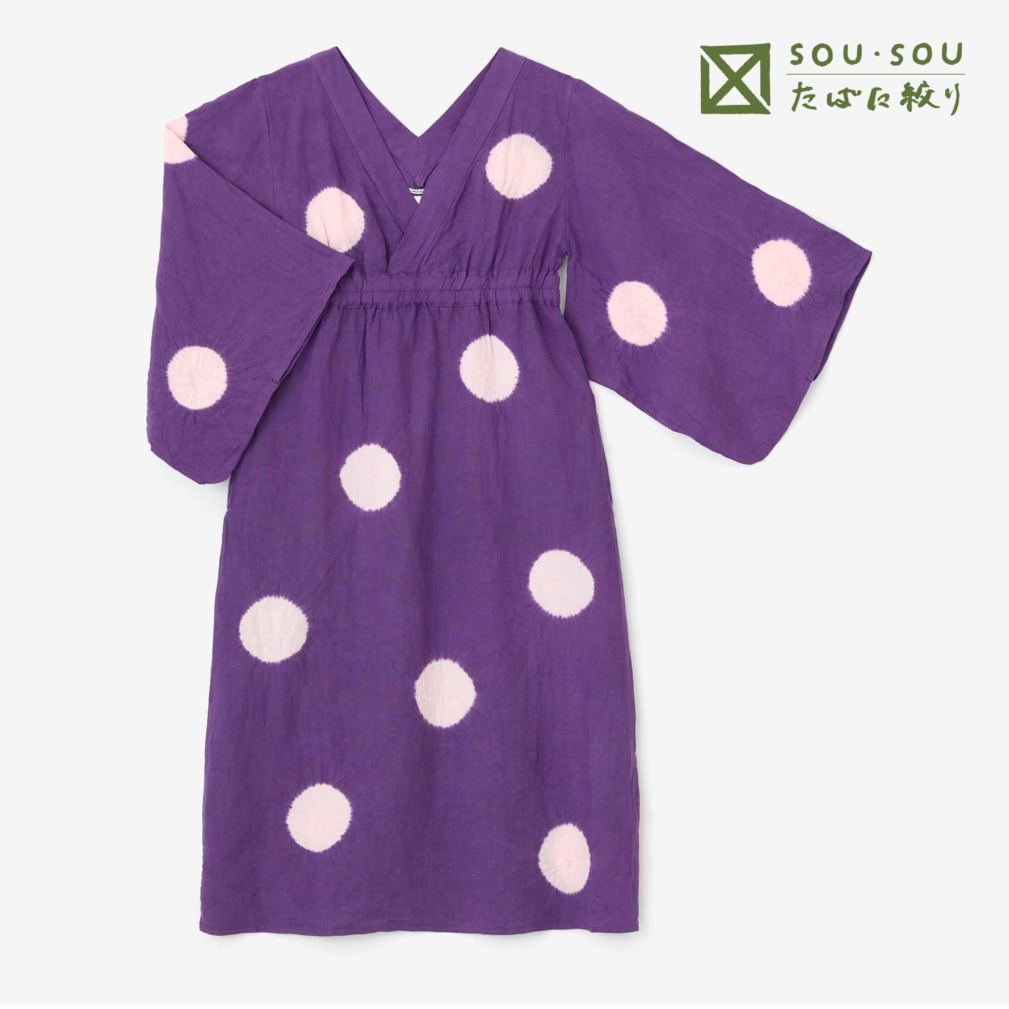 【net limited】Tabata Tie-dye Linen Yukata Dress/Large Polka Dots Reddish Purple(kiMurasaki)×Pale Pink