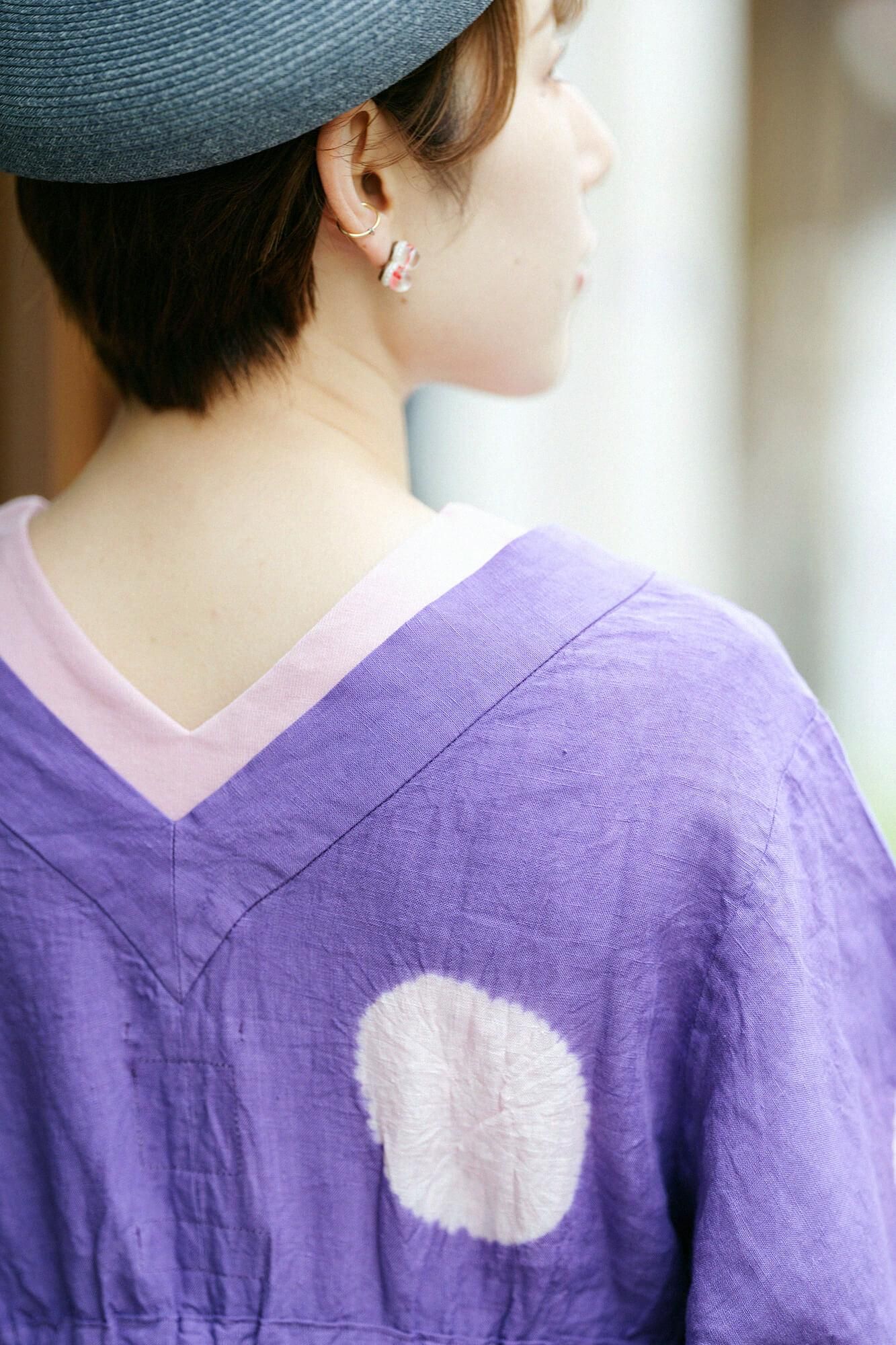 【net limited】Tabata Tie-dye Linen Yukata Dress/Large Polka Dots Reddish Purple(kiMurasaki)×Pale Pink