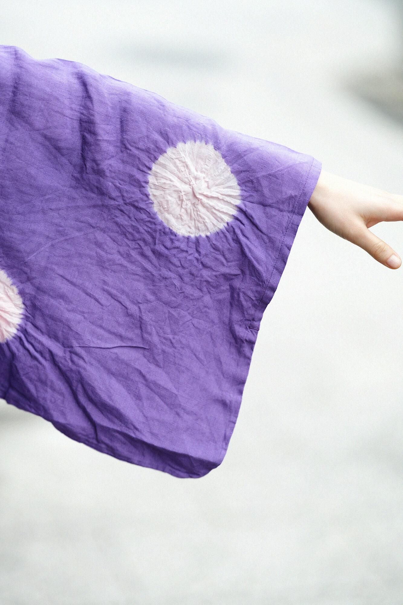 【net limited】Tabata Tie-dye Linen Yukata Dress/Large Polka Dots Reddish Purple(kiMurasaki)×Pale Pink