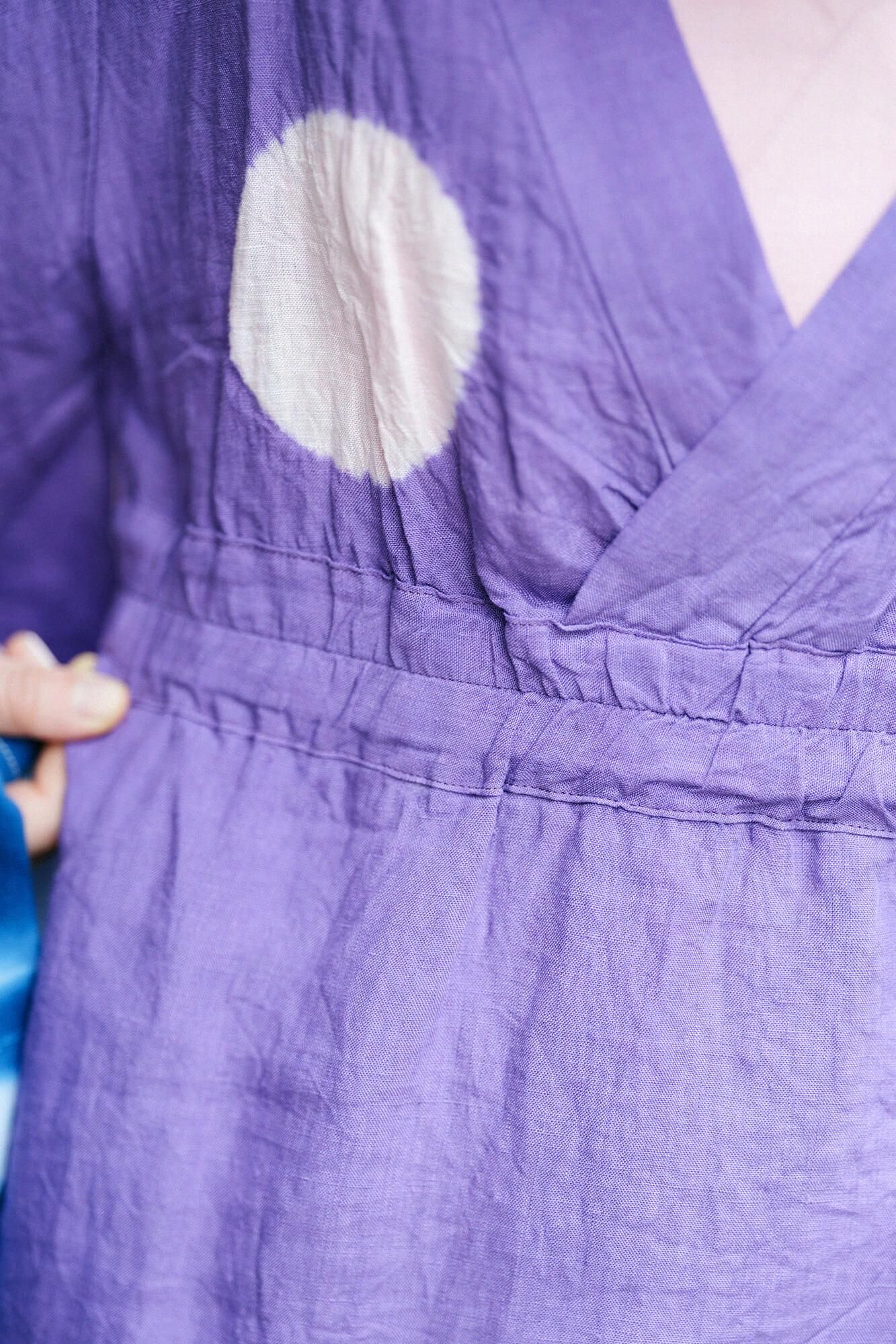 【net limited】Tabata Tie-dye Linen Yukata Dress/Large Polka Dots Reddish Purple(kiMurasaki)×Pale Pink