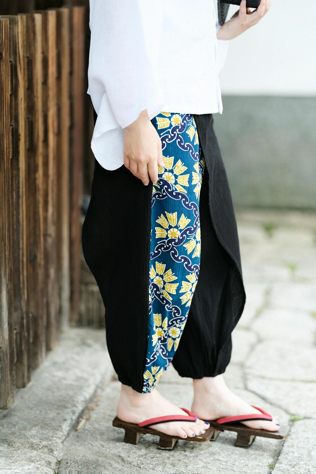 Chizimi Cotton 20/20 Wrap Harem Pants Bi-color 2.0 / Black × Continuation of Arrow Wheel-Recreation