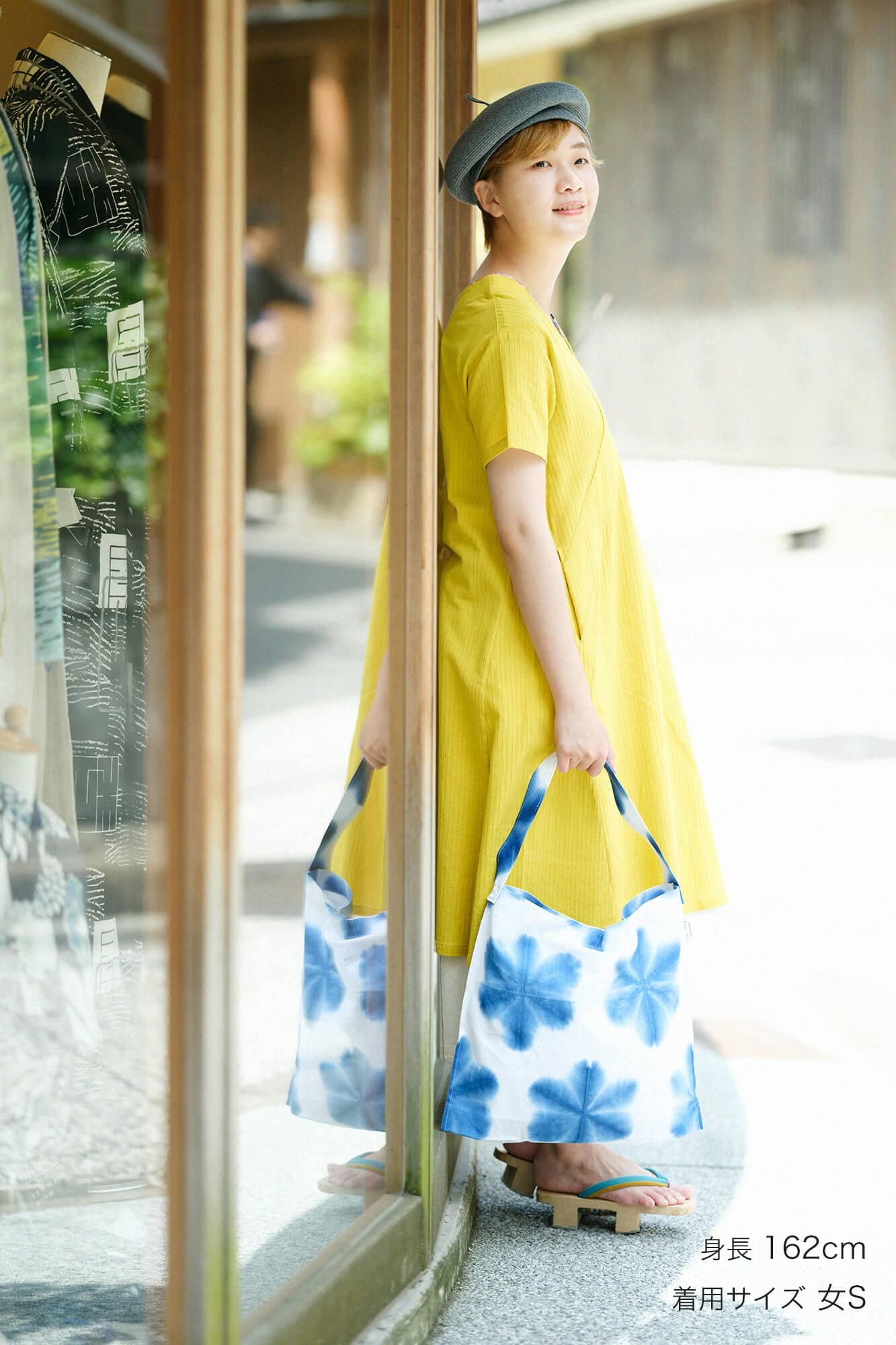 高島縮棉 40/20 空羽 V領短袖洋裝/金絲雀黃