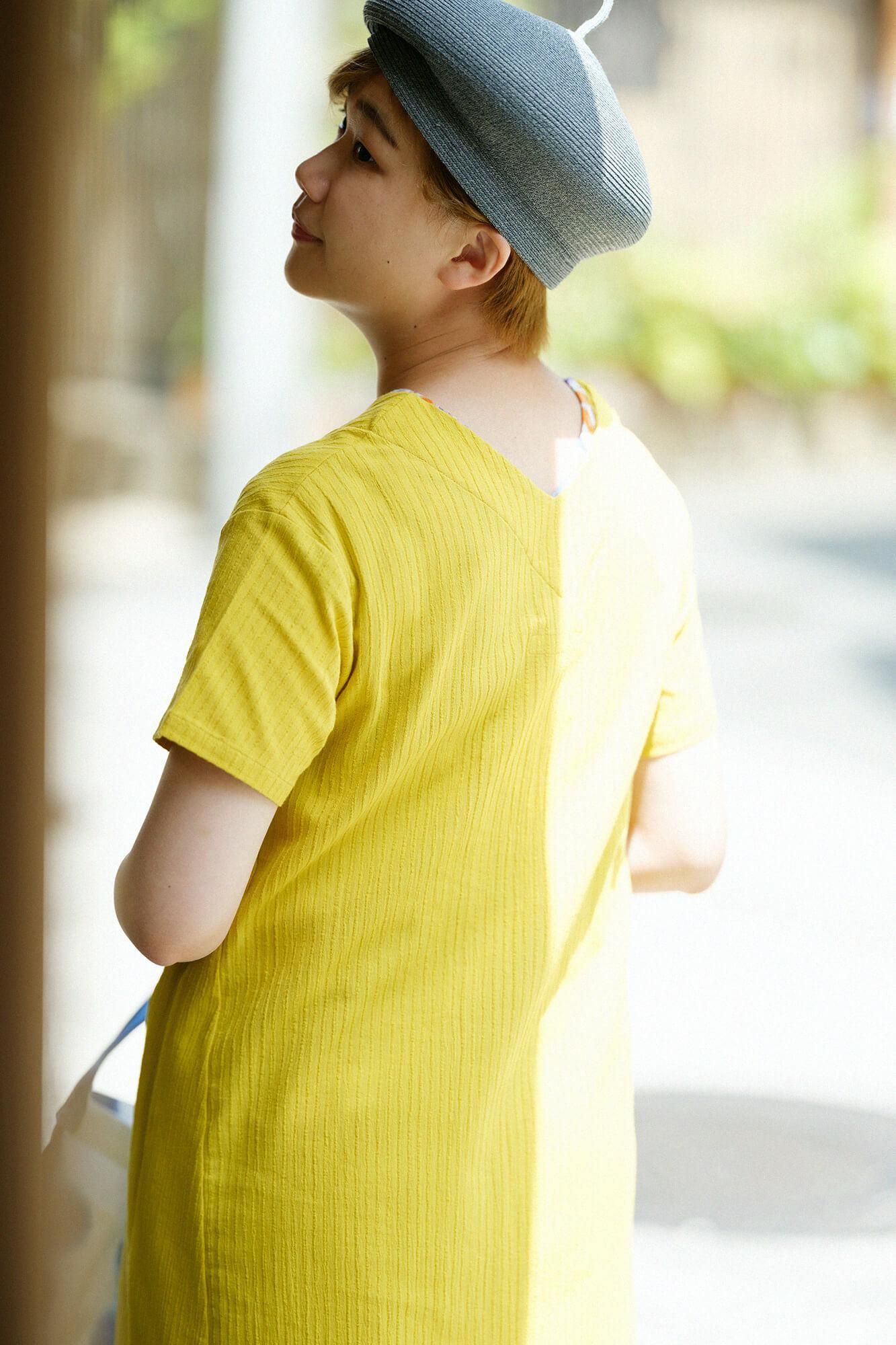 高島縮棉 40/20 空羽 V領短袖洋裝/金絲雀黃