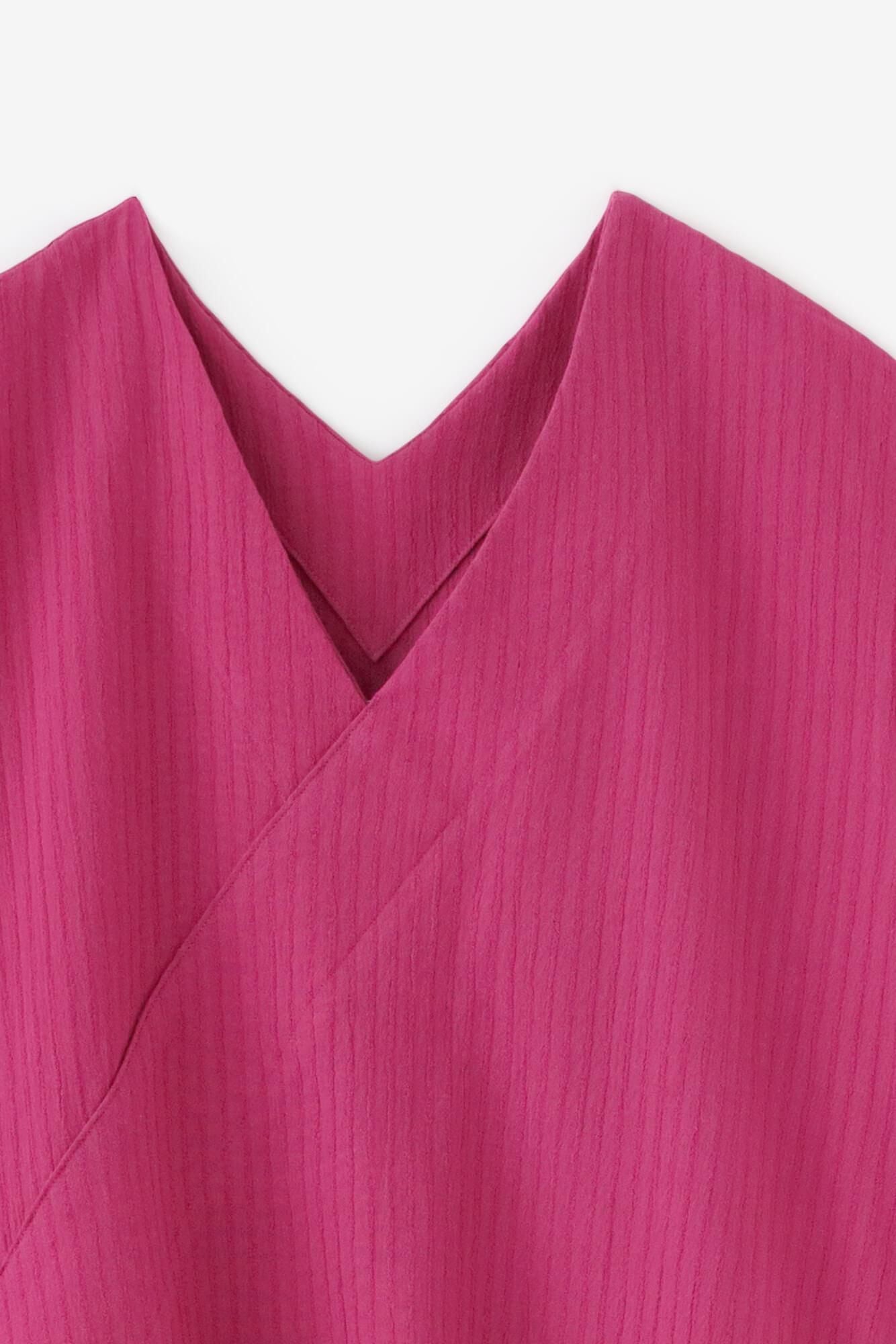 Chizimi Cotton 40/20 Akiha V-neck Short Sleeve Dress / Dark Pink