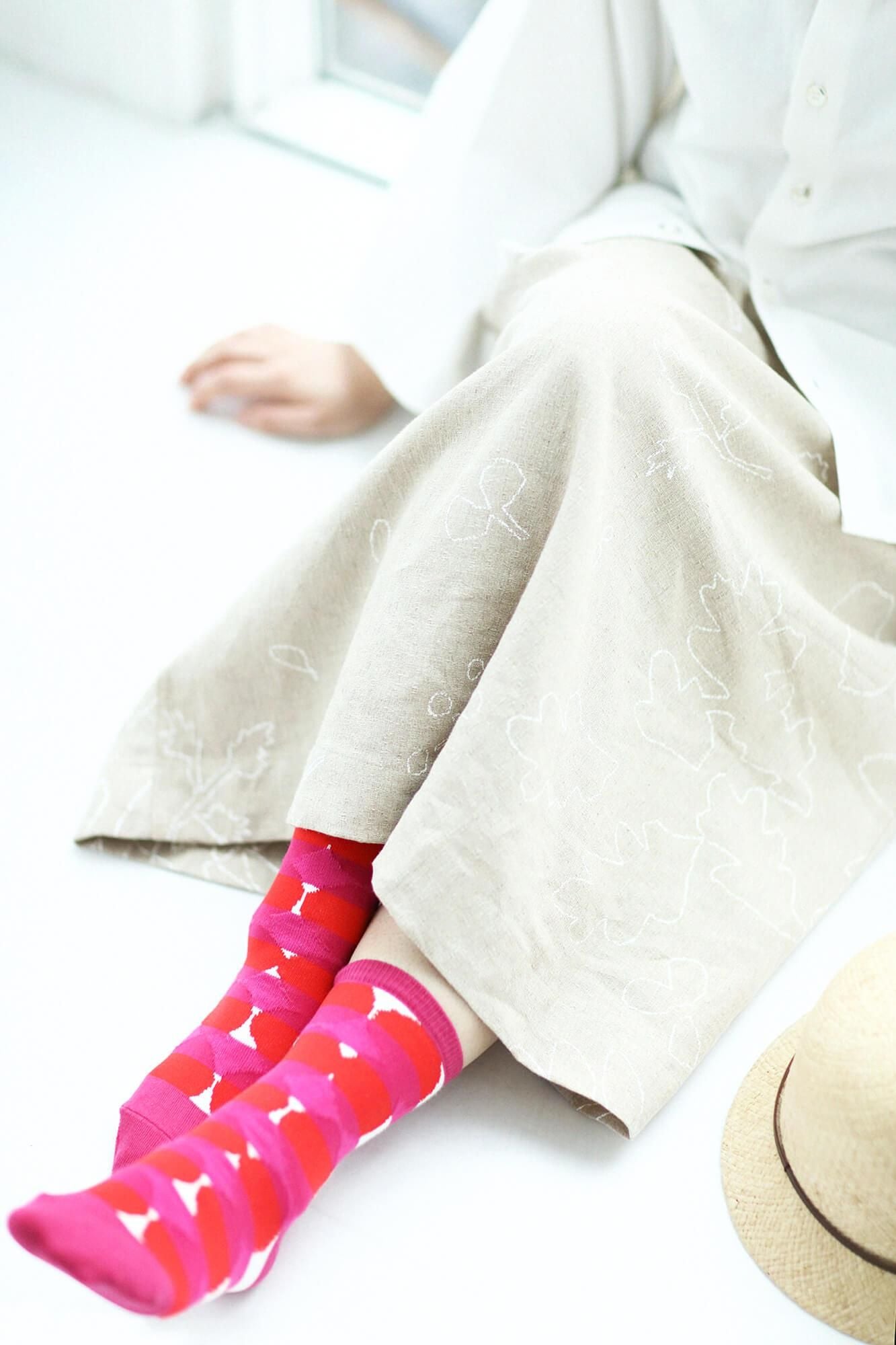 圓頭分趾襪(普通長度)/彈珠與橫紋 牡丹色【女性用】