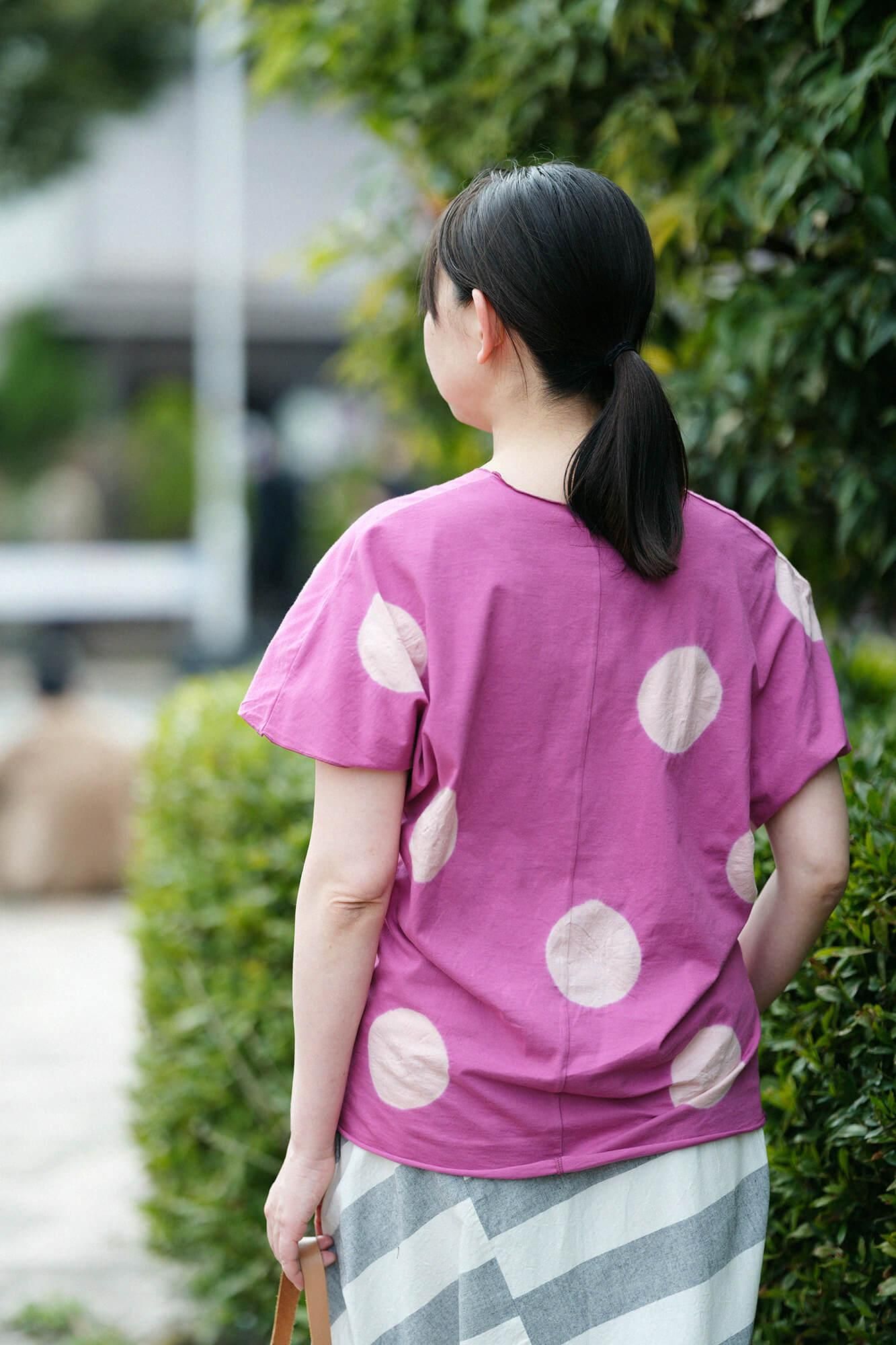 田端紮染 短袖上衣/大圓點 紫紅色×珊瑚色