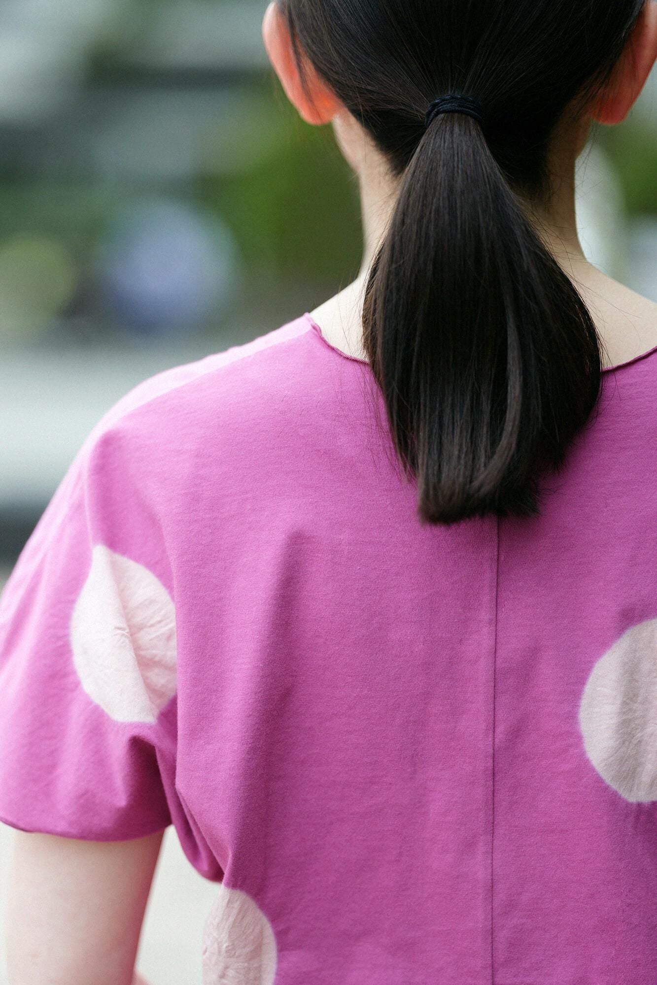 田端紮染 短袖上衣/大圓點 紫紅色×珊瑚色